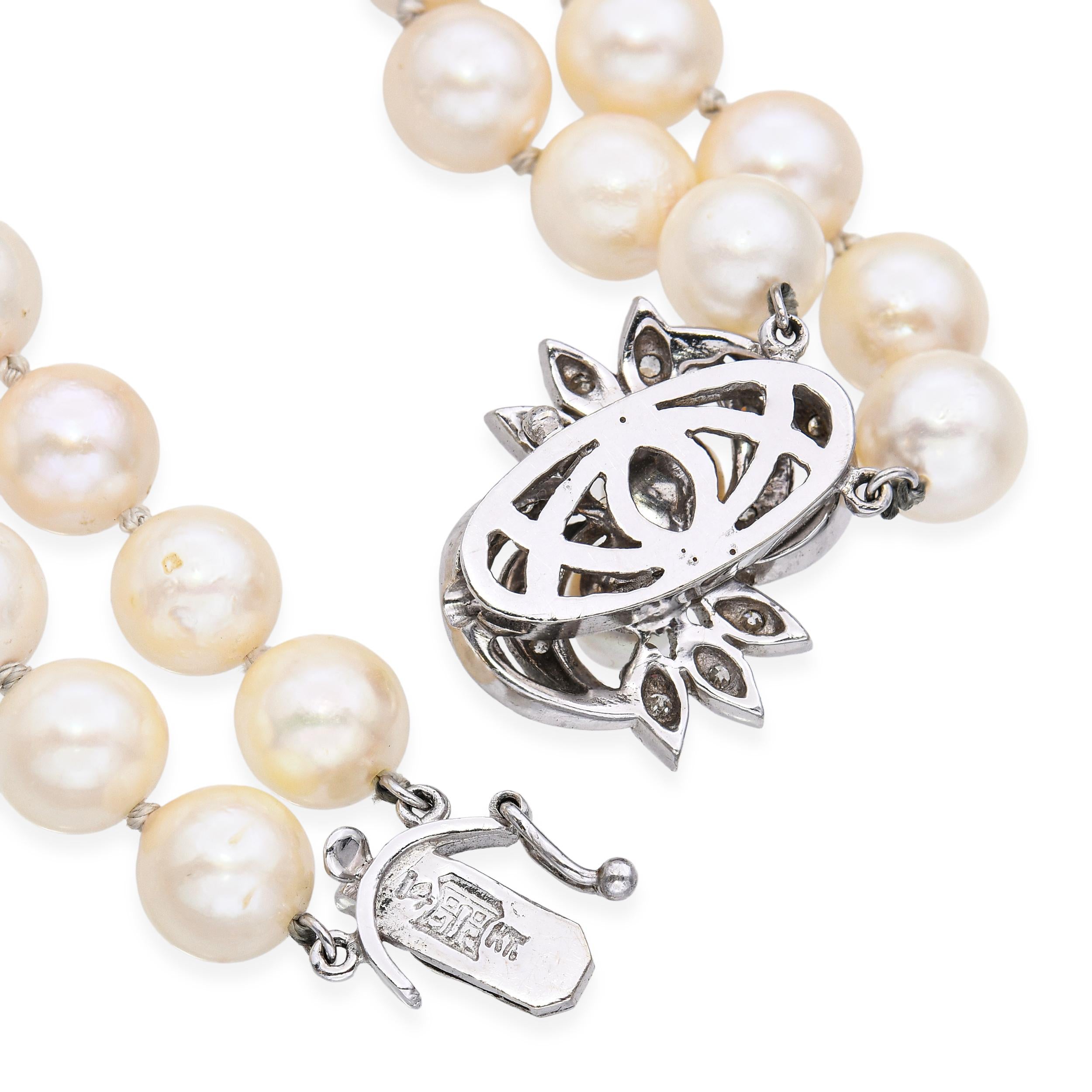 Vintage Double Strand Pearl Necklace with White Gold and Diamond Clasp