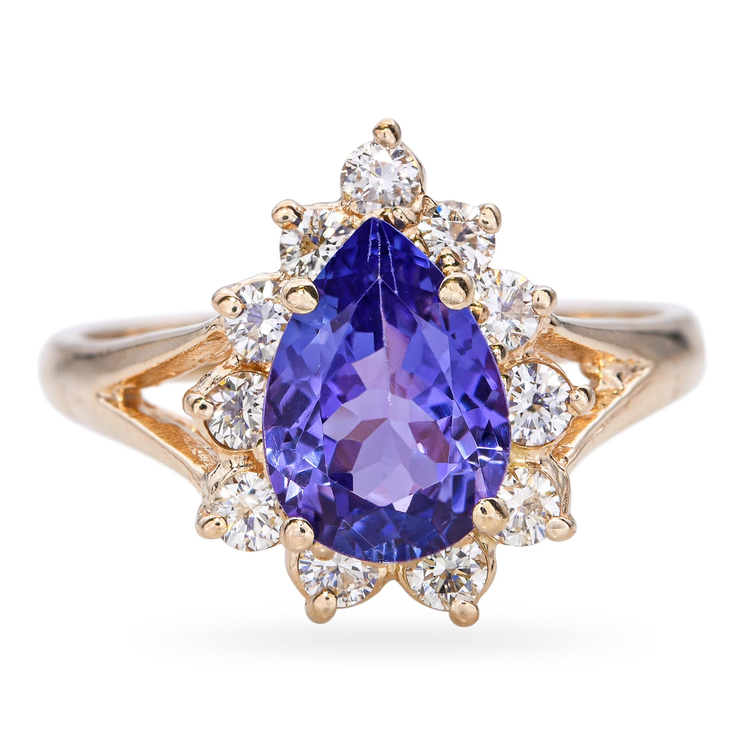 Vintage 14k Yellow Gold 1.75ct Tanzanite and 0.33tcw Diamond Halo Ring