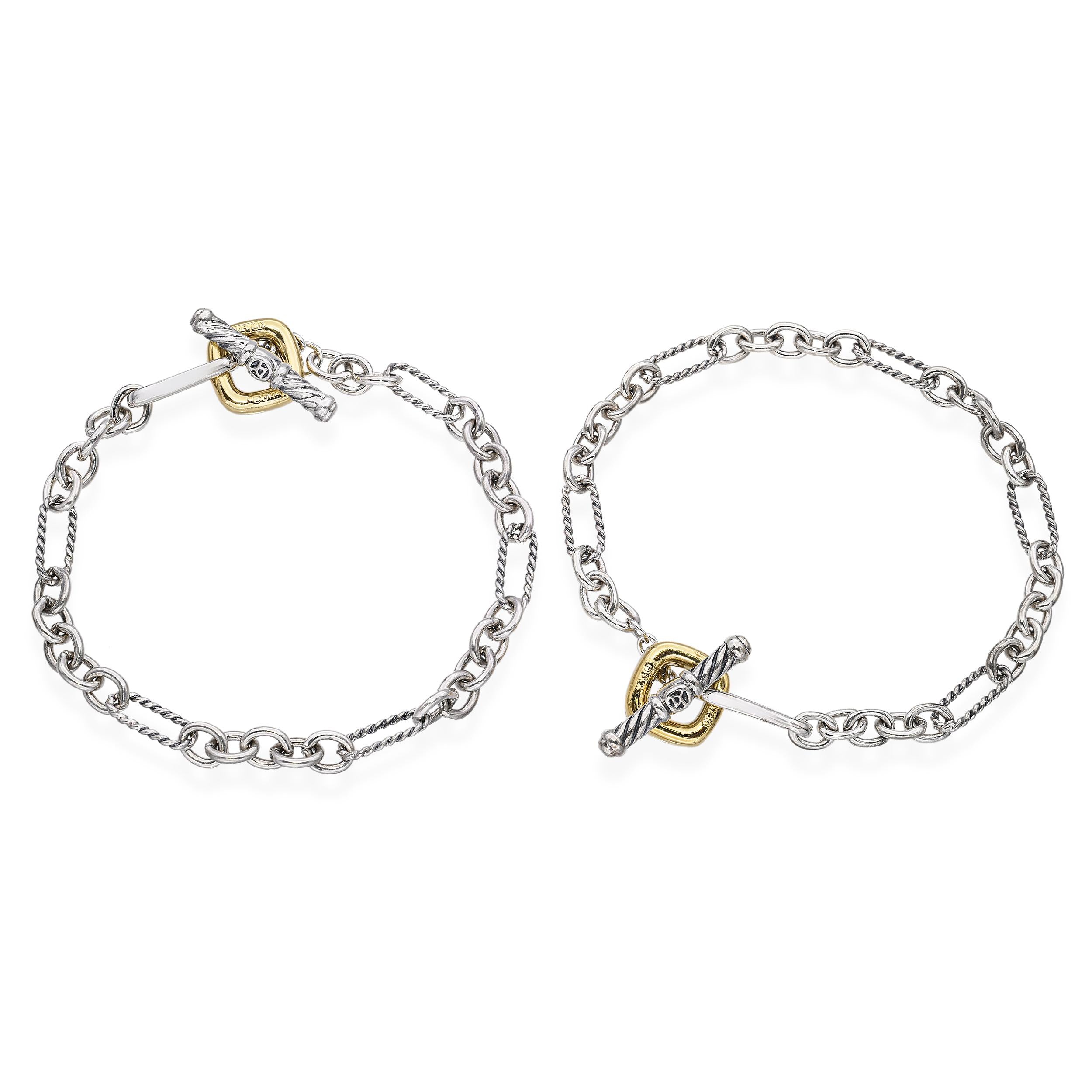 Lot of 2 David Yurman Sterling and 18k Yellow Gold Cable Figaro Link Bracelets