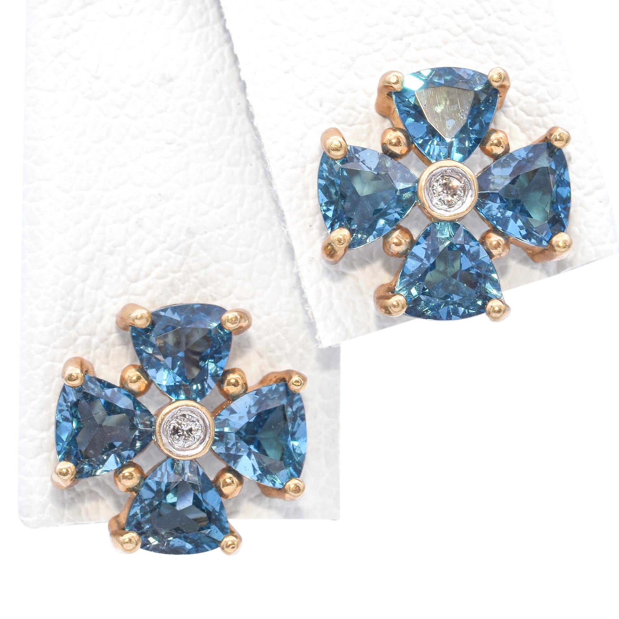 14k Yellow Gold Blue Topaz and Diamond Stud Earrings