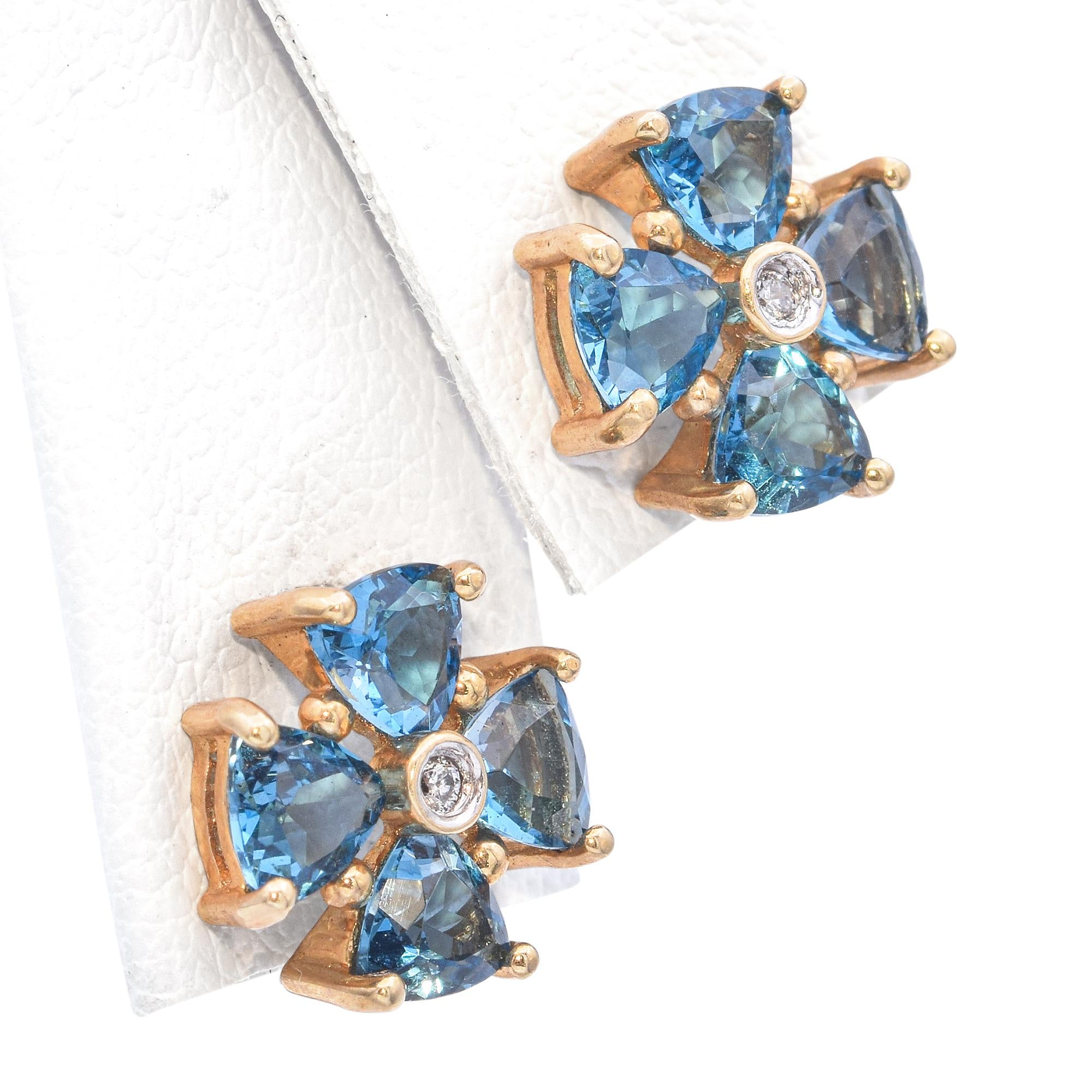 14k Yellow Gold Blue Topaz and Diamond Stud Earrings