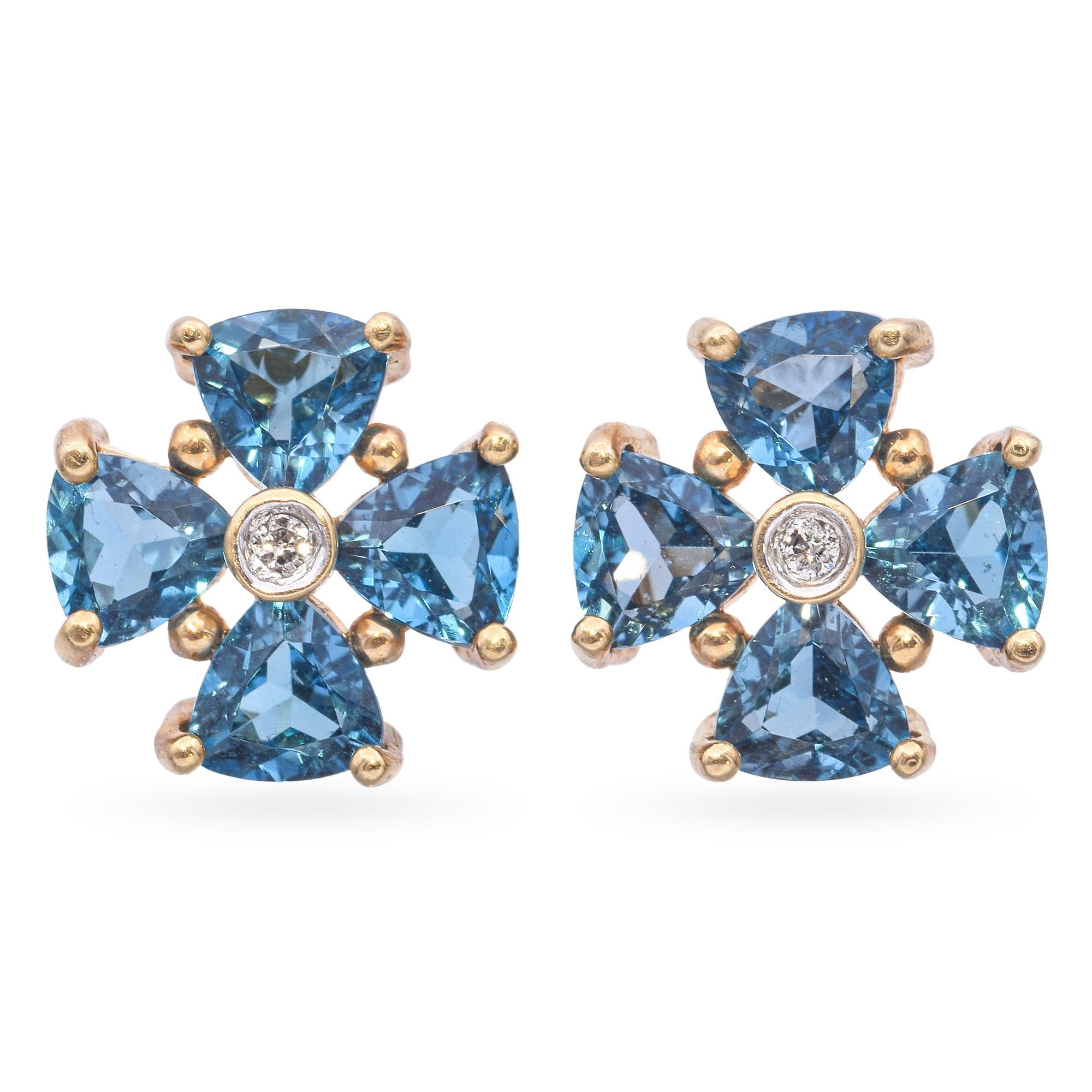 14k Yellow Gold Blue Topaz and Diamond Stud Earrings