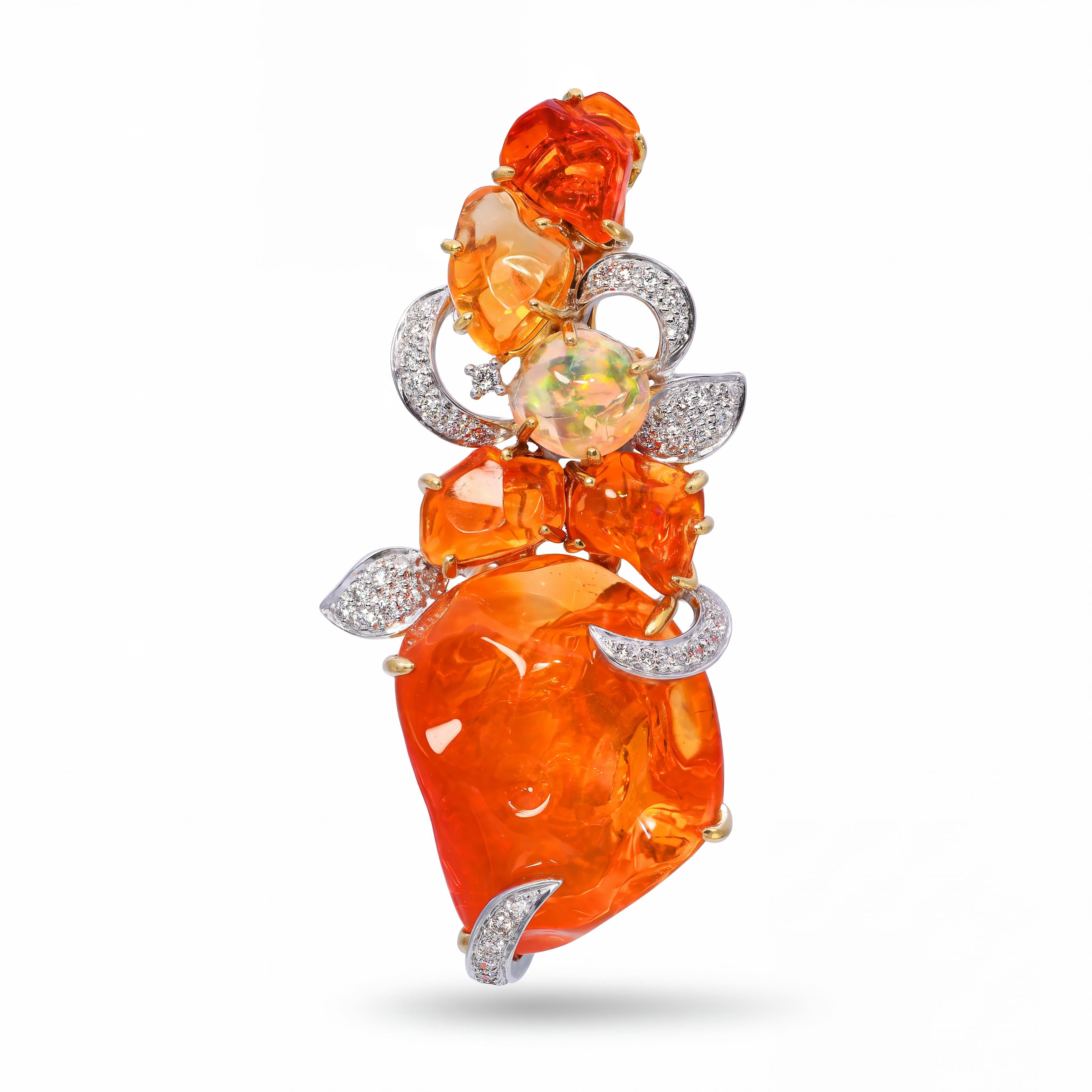 18k Two Tone Gold 19.02tcw Fire Opal and Diamond Pendant Brooch