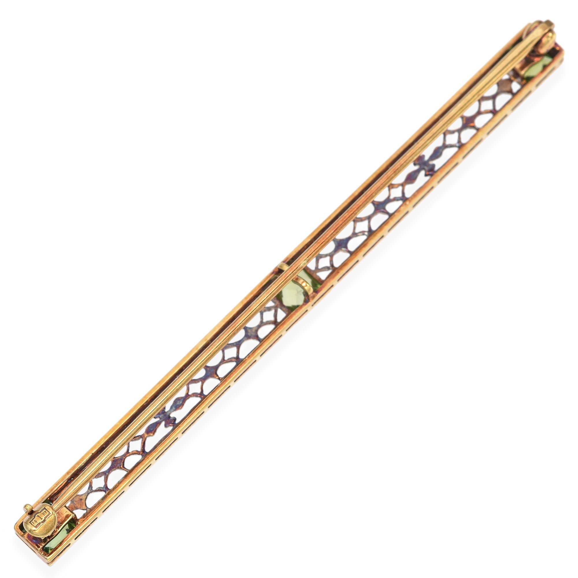Antique Edwardian Platinum and 14k Yellow Gold Filigree Peridot Bar Brooch