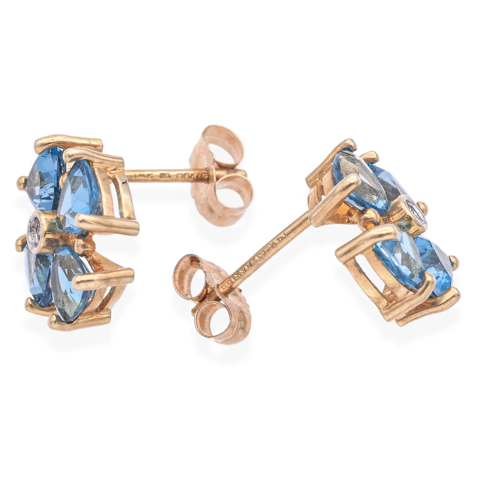 14k Yellow Gold Blue Topaz and Diamond Stud Earrings