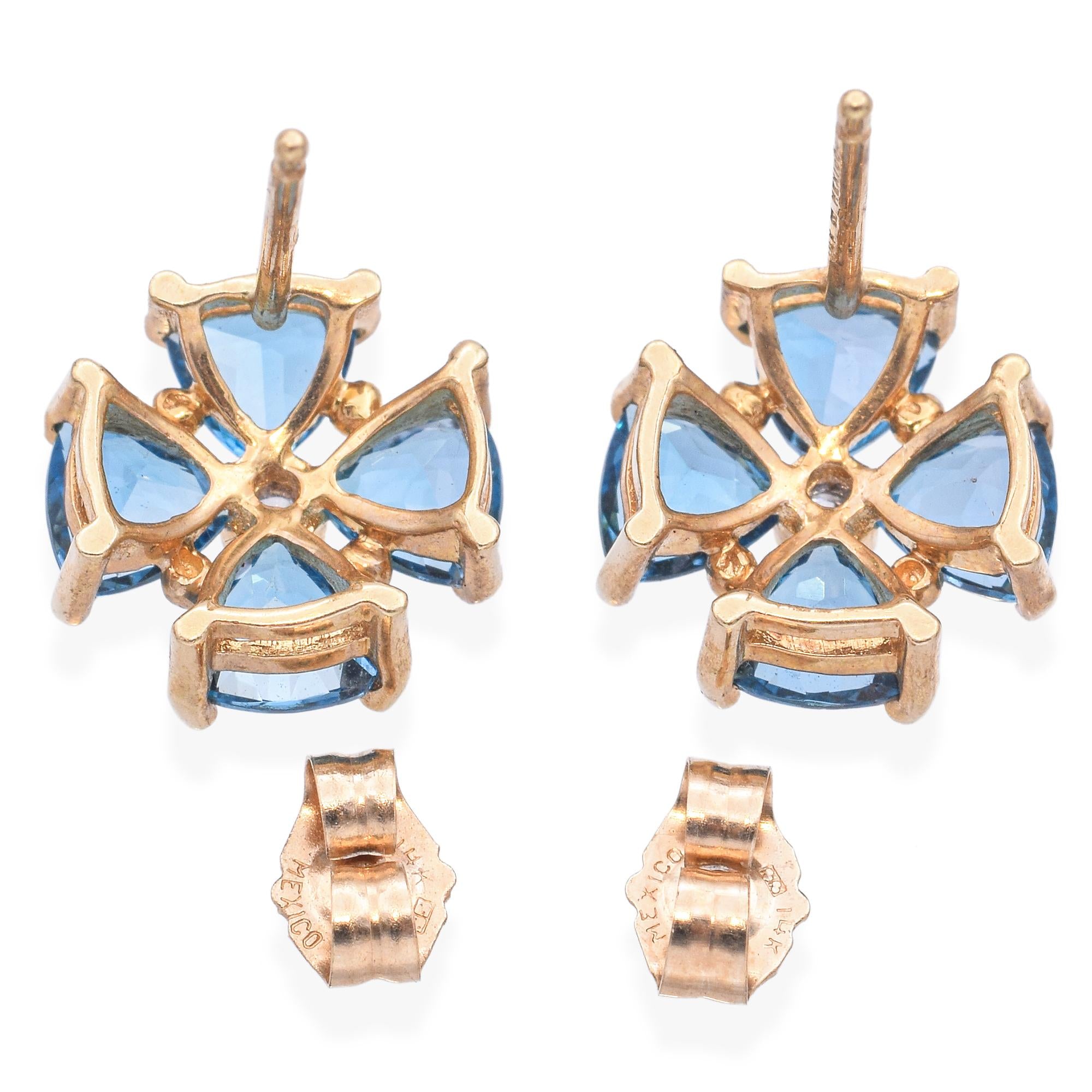 14k Yellow Gold Blue Topaz and Diamond Stud Earrings
