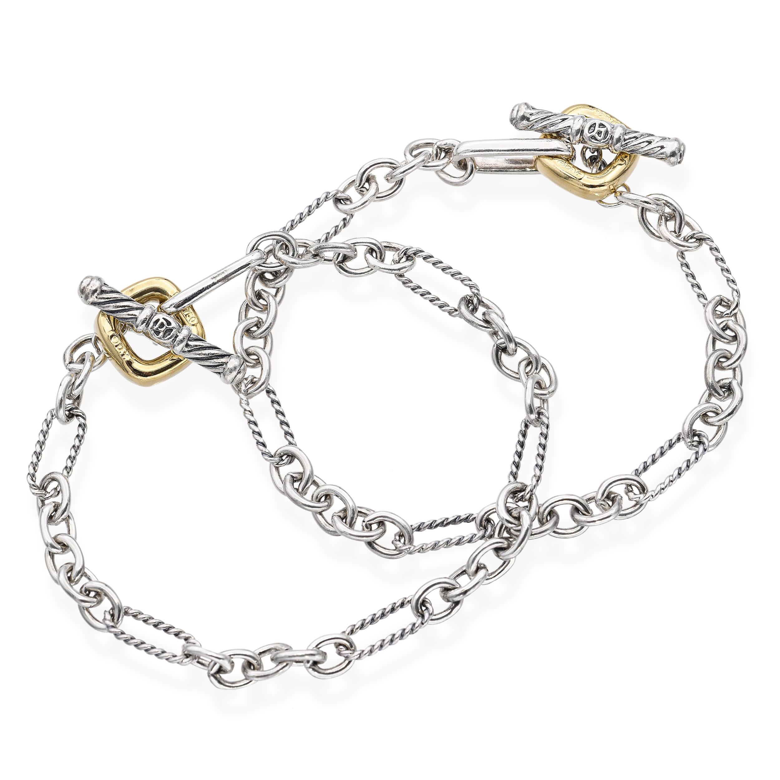 Lot of 2 David Yurman Sterling and 18k Yellow Gold Cable Figaro Link Bracelets