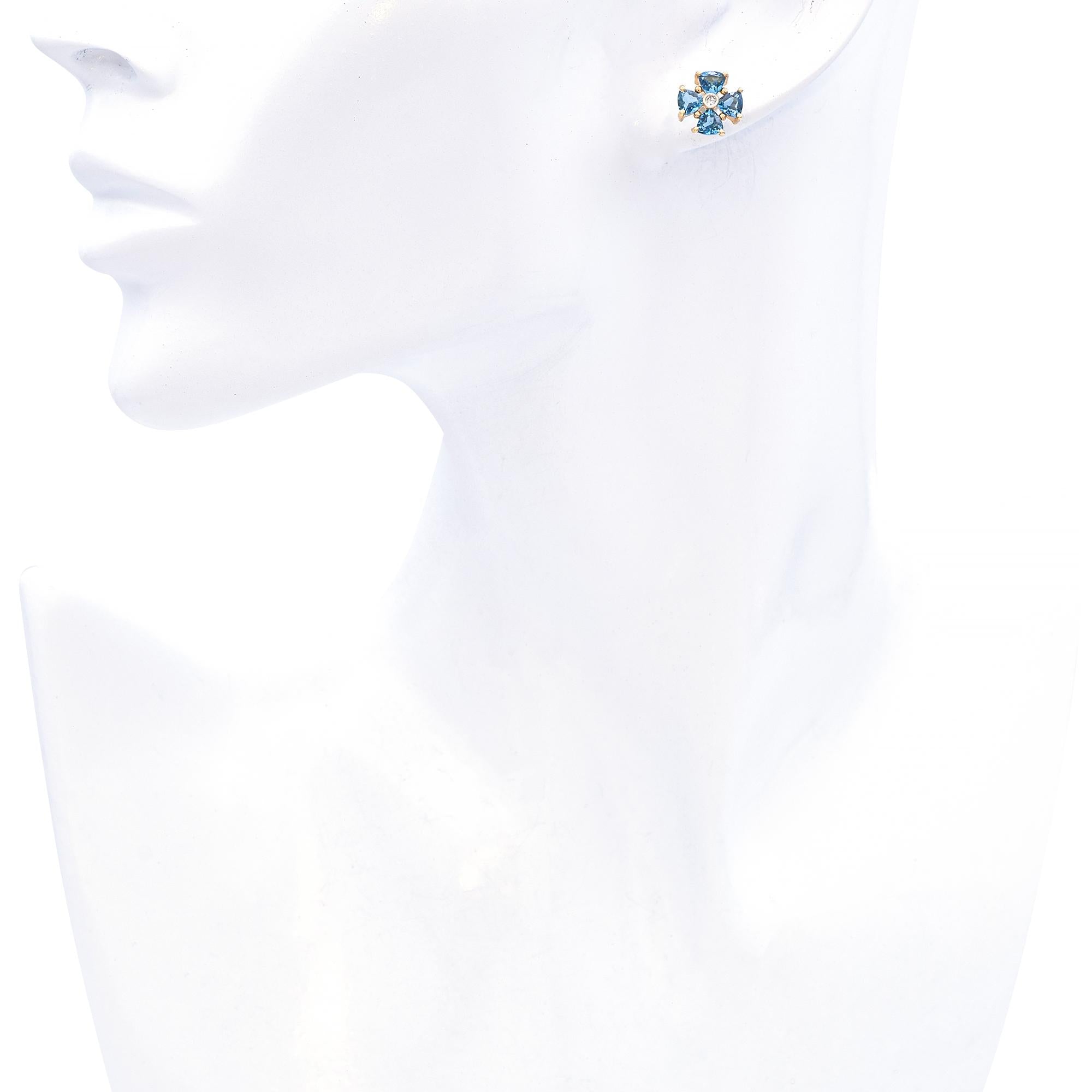 14k Yellow Gold Blue Topaz and Diamond Stud Earrings