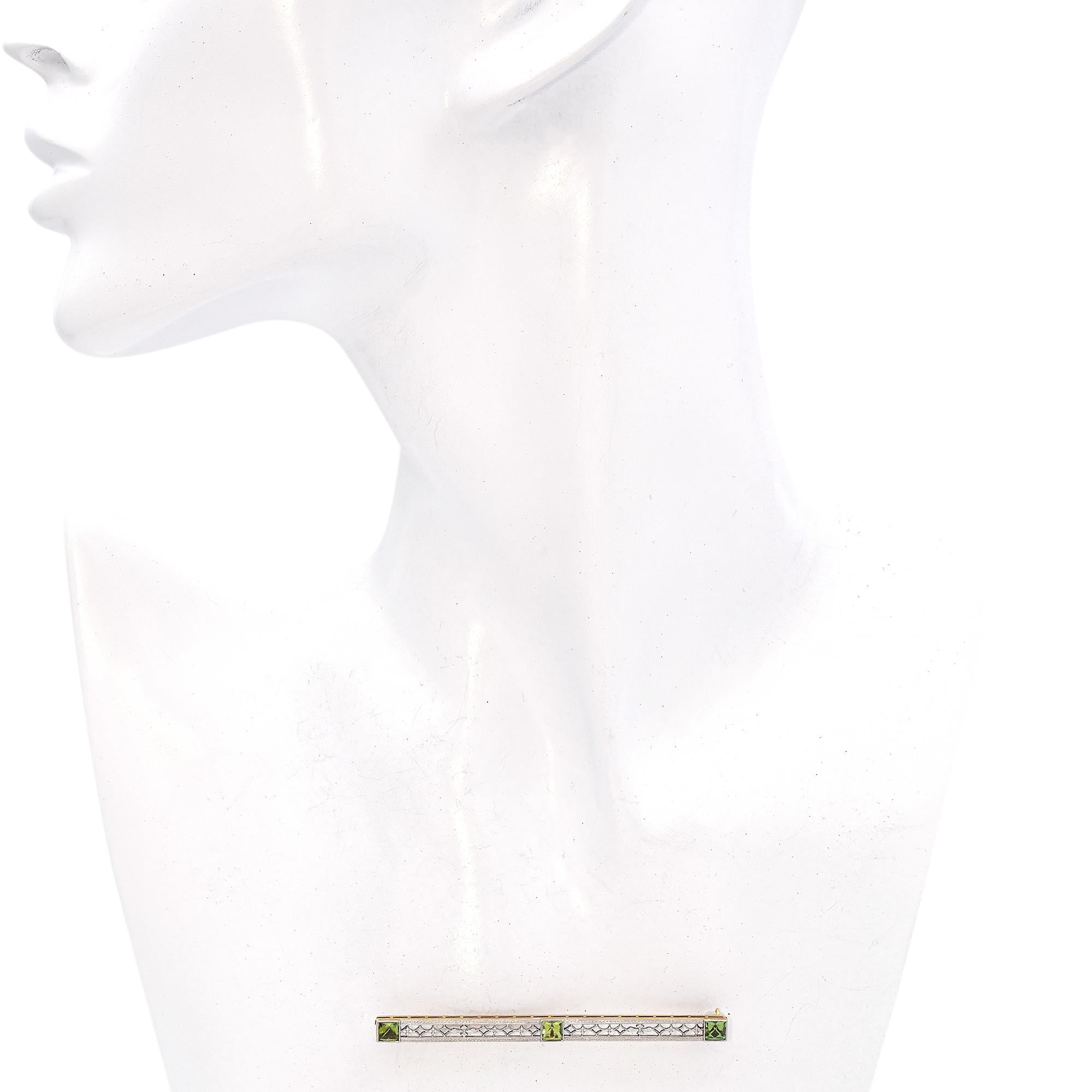 Antique Edwardian Platinum and 14k Yellow Gold Filigree Peridot Bar Brooch