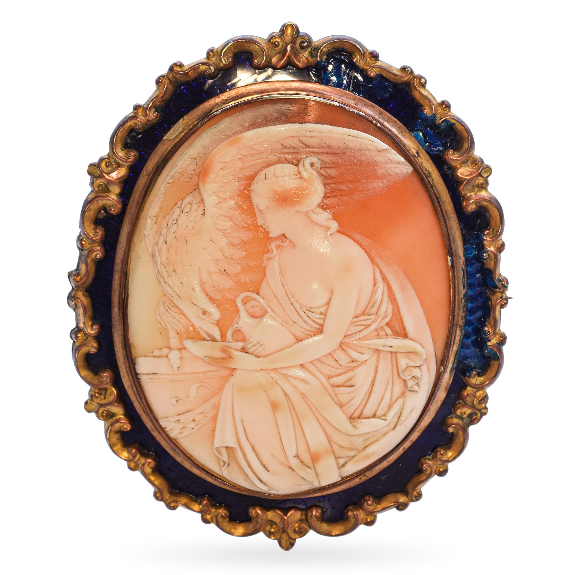 Antique 9k Yellow Gold Shell Cameo "Hebe and the Eagle of Jupiter" Brooch