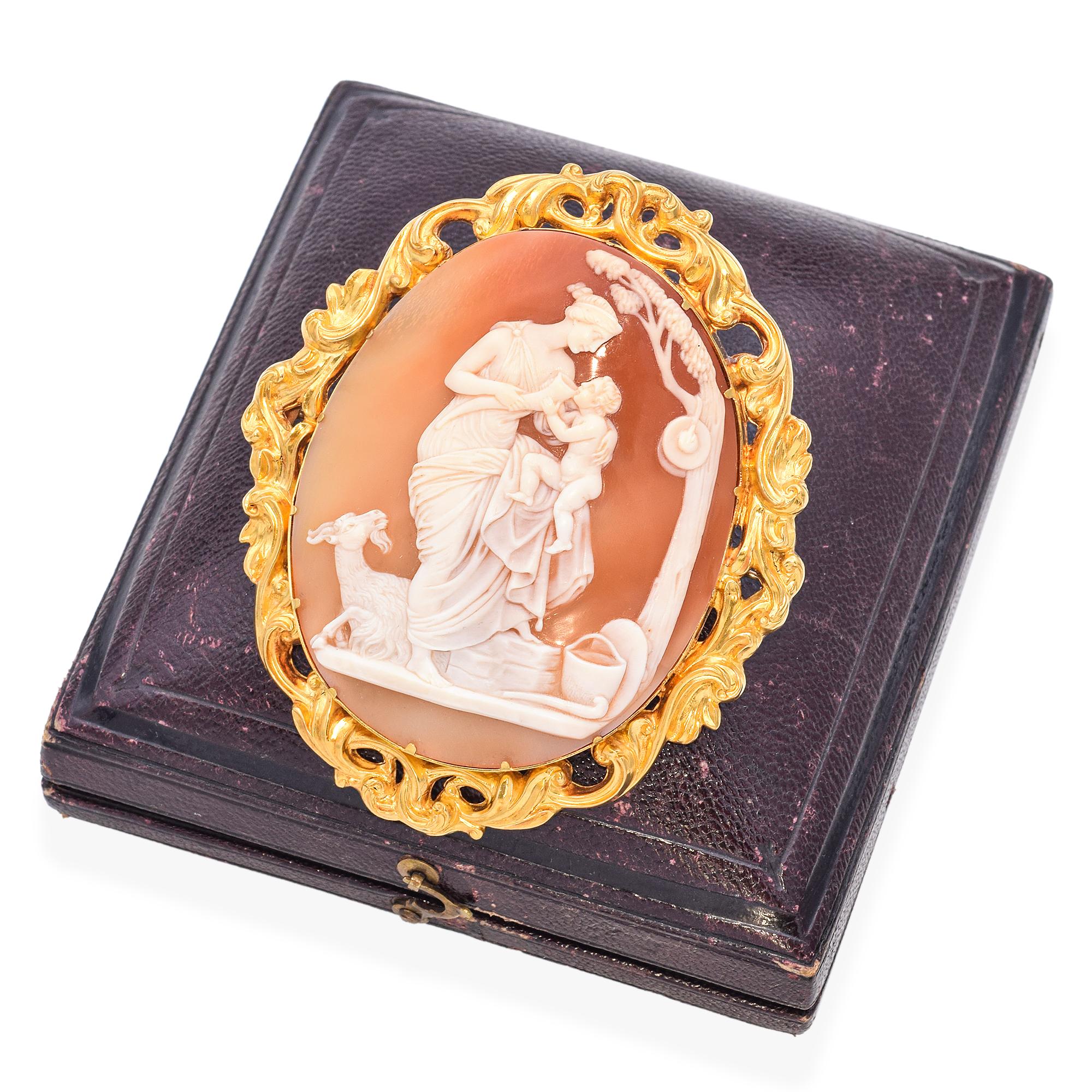 Antique 21k Yellow Gold Amalthea with Baby Zeus Cameo Brooch