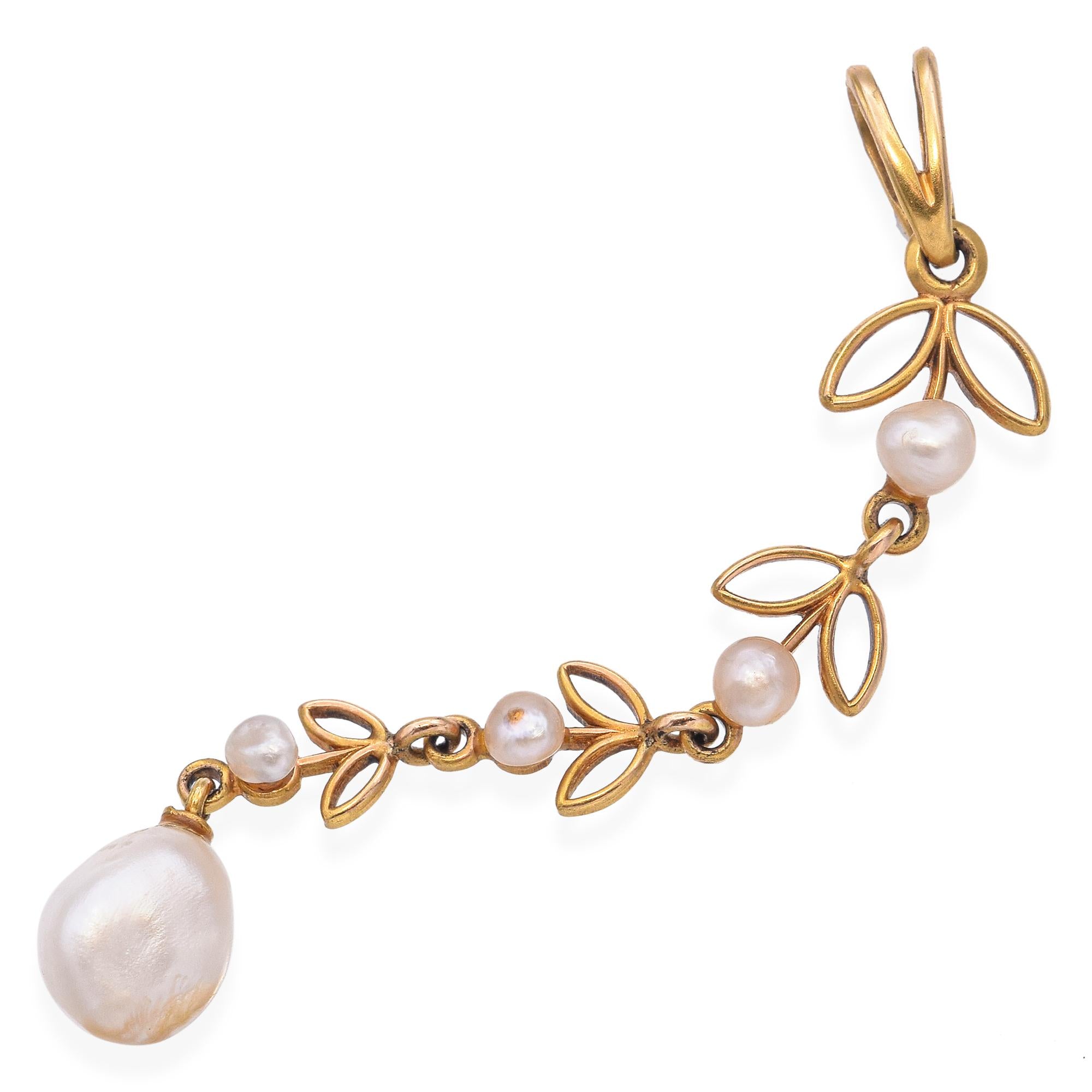 Vintage 14K Yellow Gold Leaf Motif Baroque Pearl Pendant