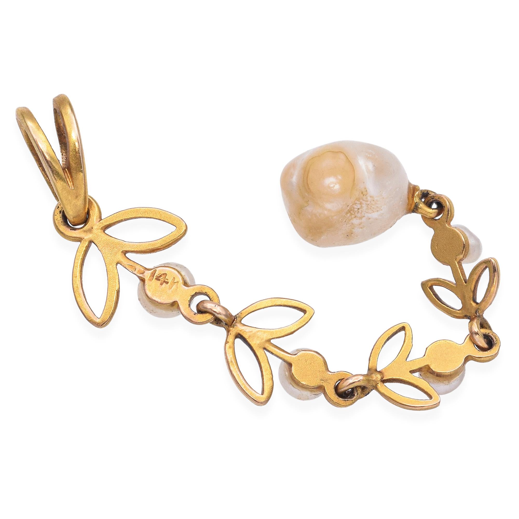 Vintage 14K Yellow Gold Leaf Motif Baroque Pearl Pendant