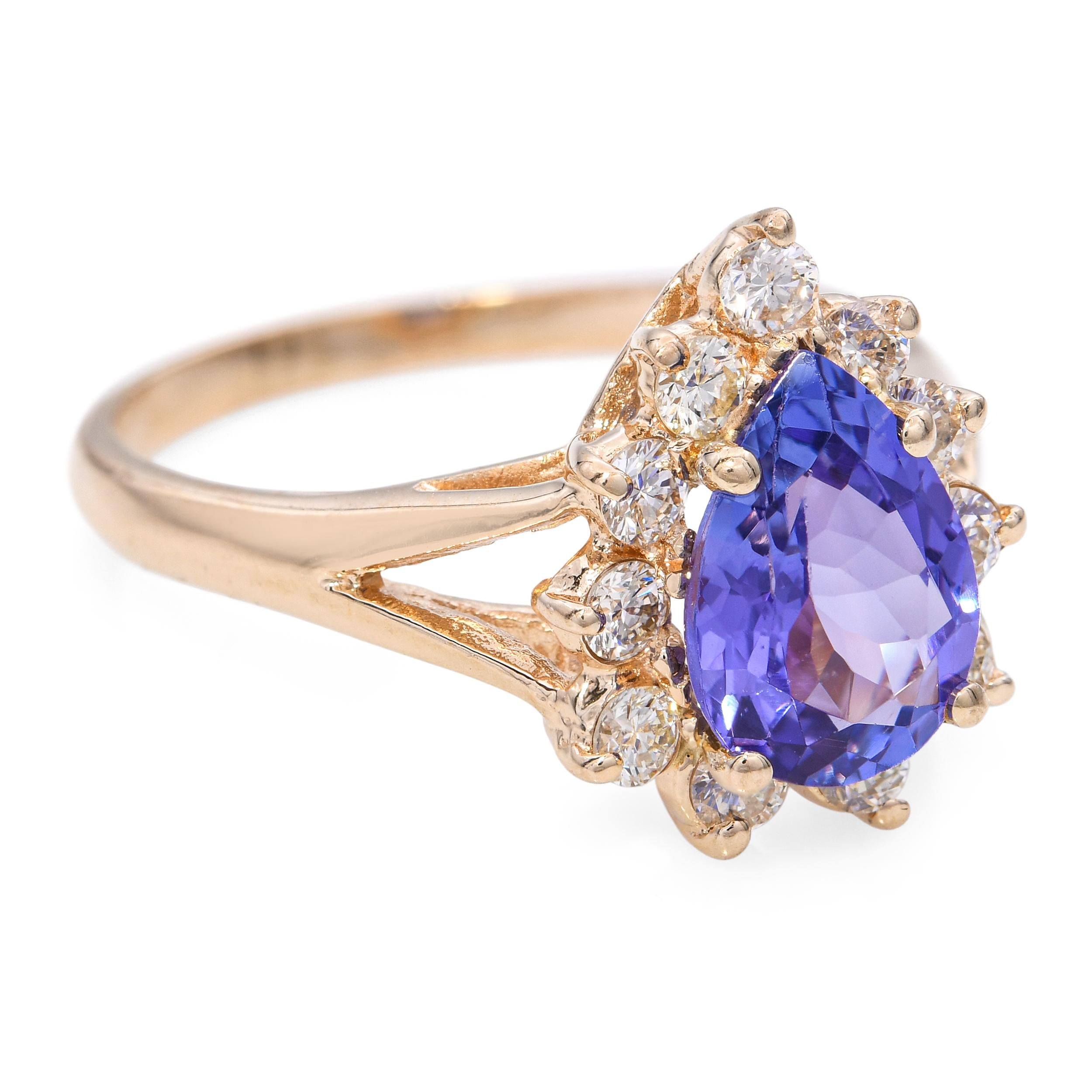 Vintage 14k Yellow Gold 1.75ct Tanzanite and 0.33tcw Diamond Halo Ring