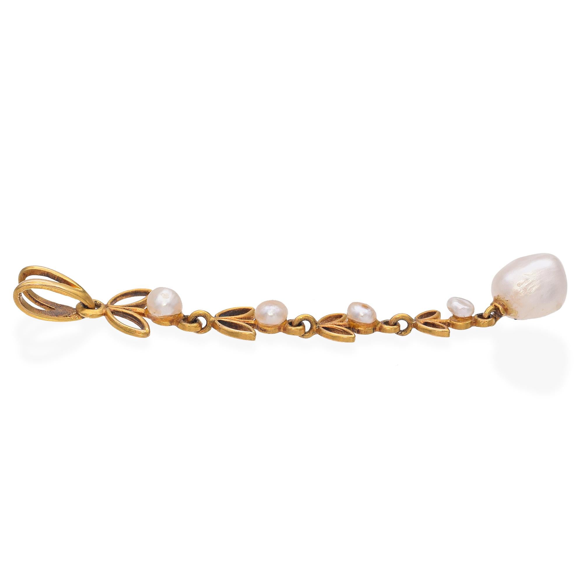 Vintage 14K Yellow Gold Leaf Motif Baroque Pearl Pendant