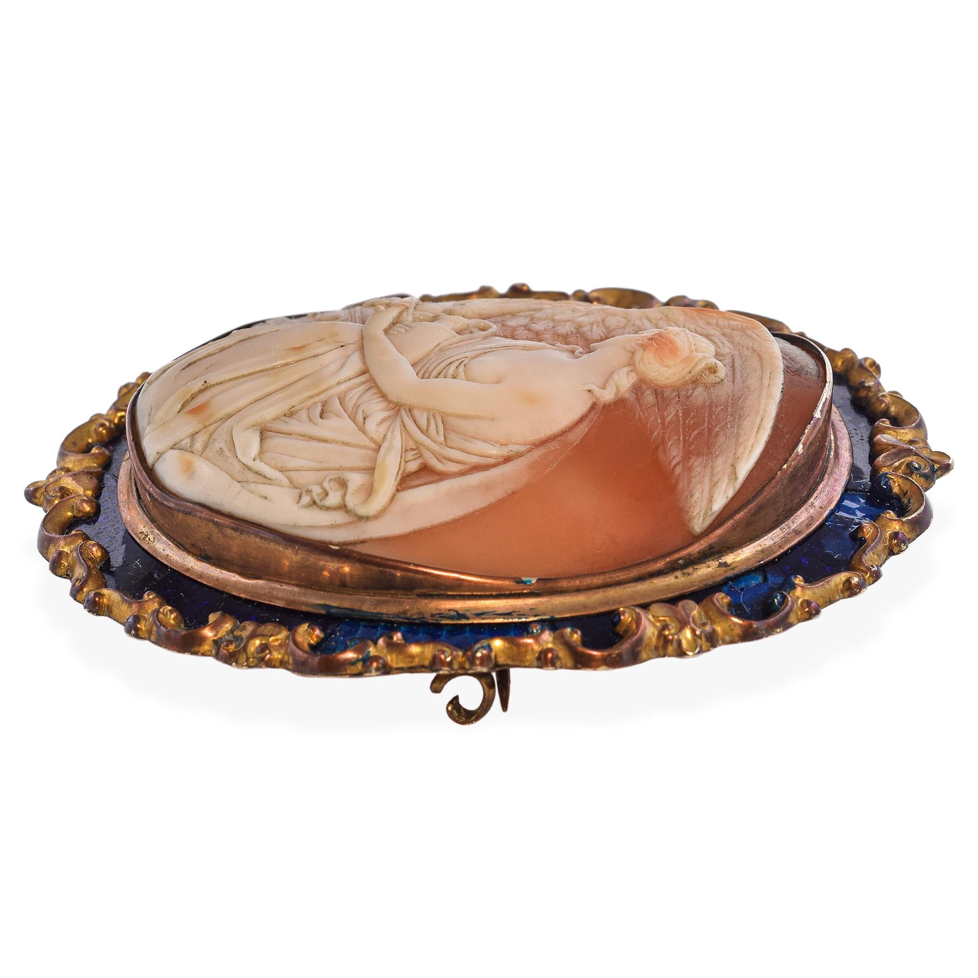 Antique 9k Yellow Gold Shell Cameo "Hebe and the Eagle of Jupiter" Brooch