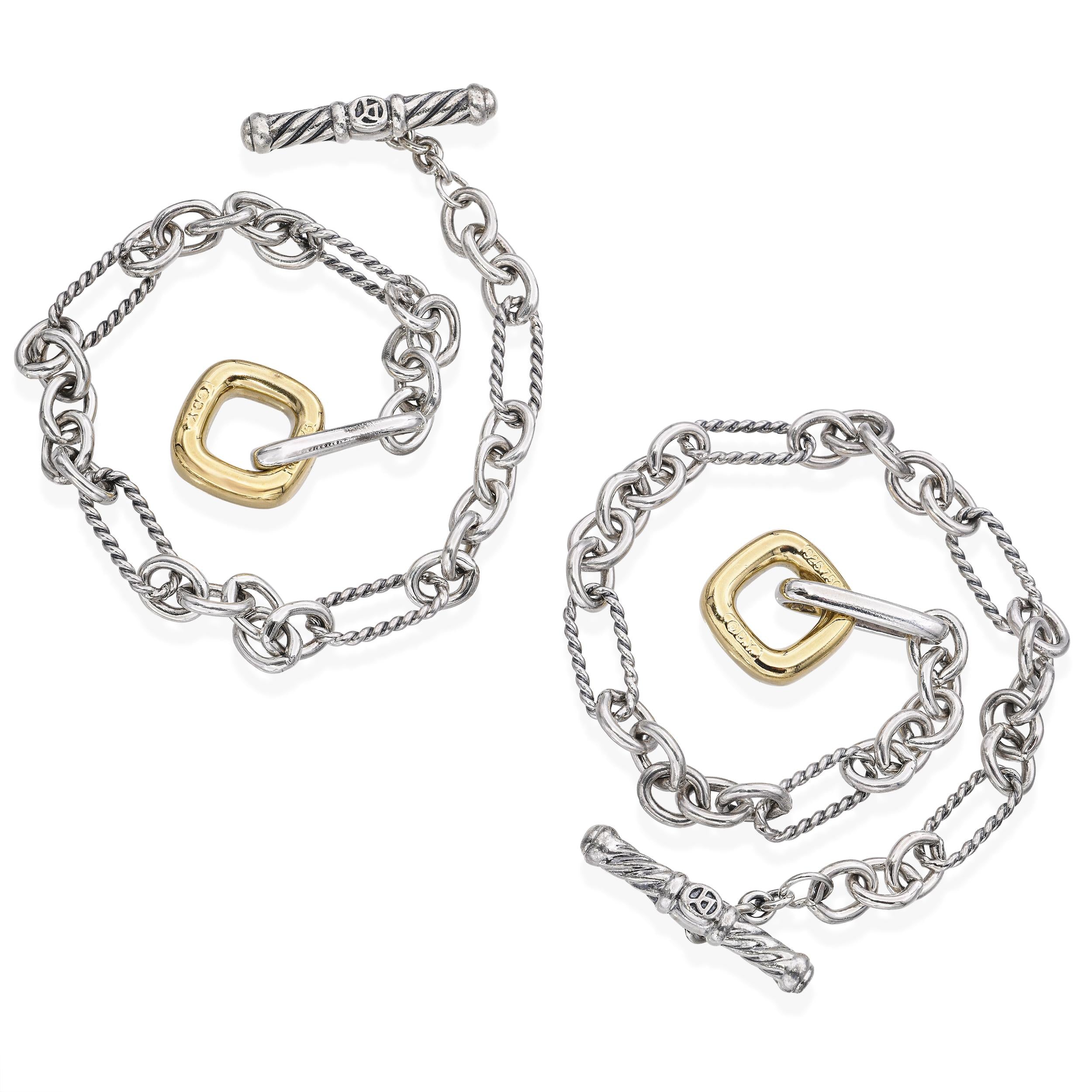 Lot of 2 David Yurman Sterling and 18k Yellow Gold Cable Figaro Link Bracelets