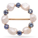 Antique Edwardian 14K Yellow Gold Pearl and Sapphire Circle Brooch