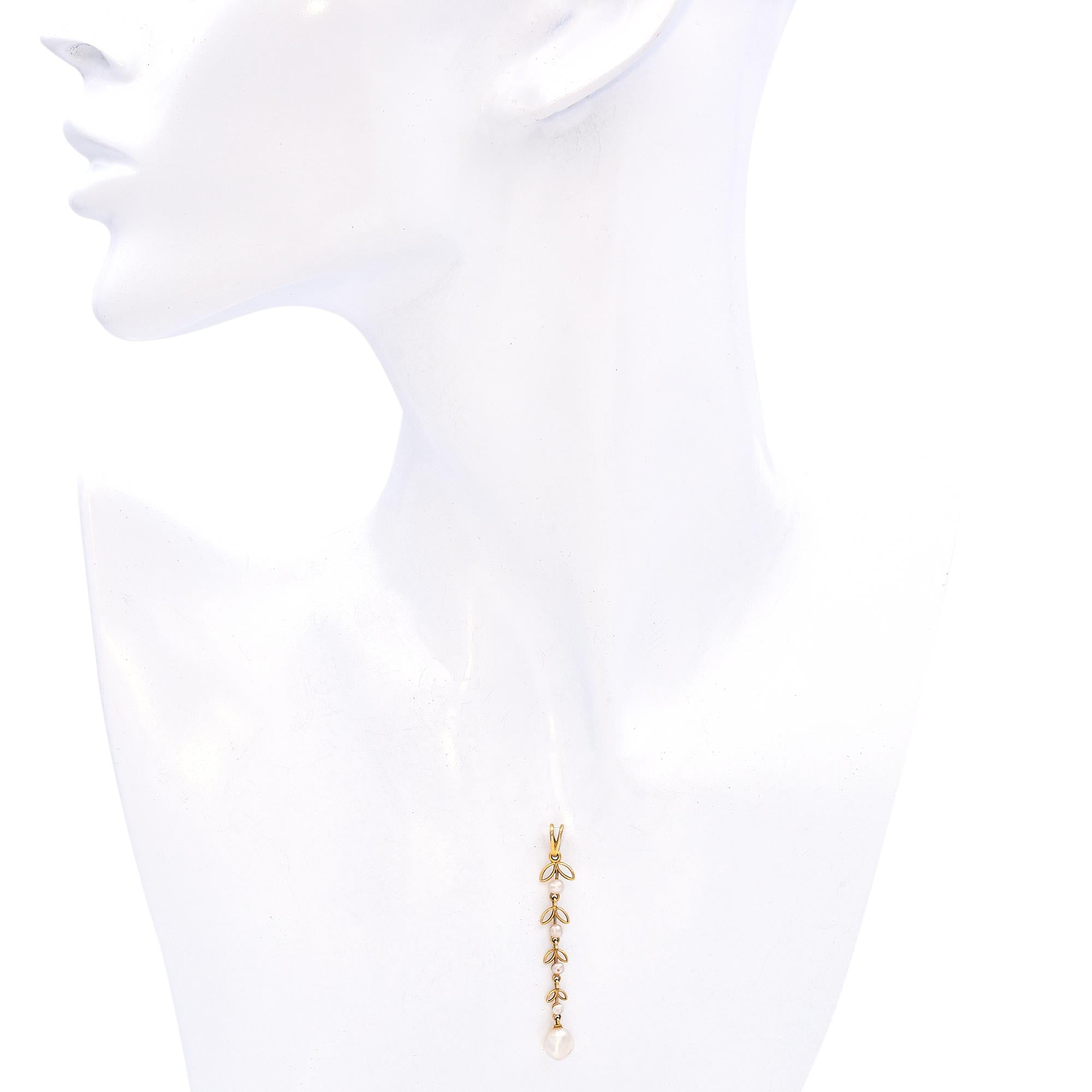 Vintage 14K Yellow Gold Leaf Motif Baroque Pearl Pendant