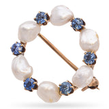 Antique Edwardian 14K Yellow Gold Pearl and Sapphire Circle Brooch