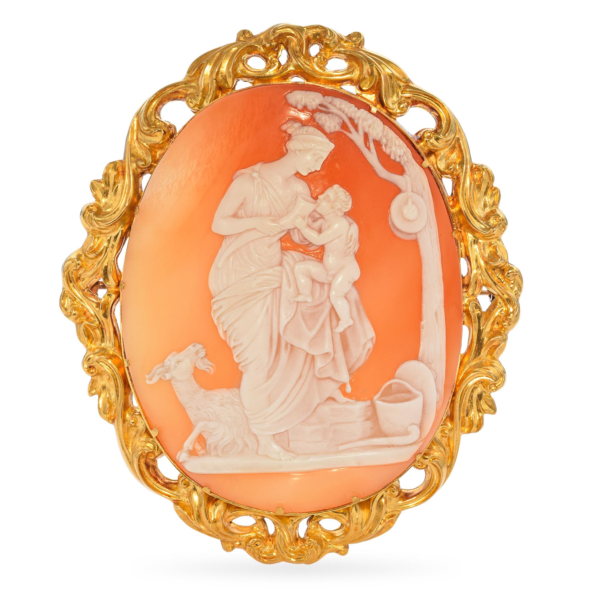 Antique 21k Yellow Gold Amalthea with Baby Zeus Cameo Brooch