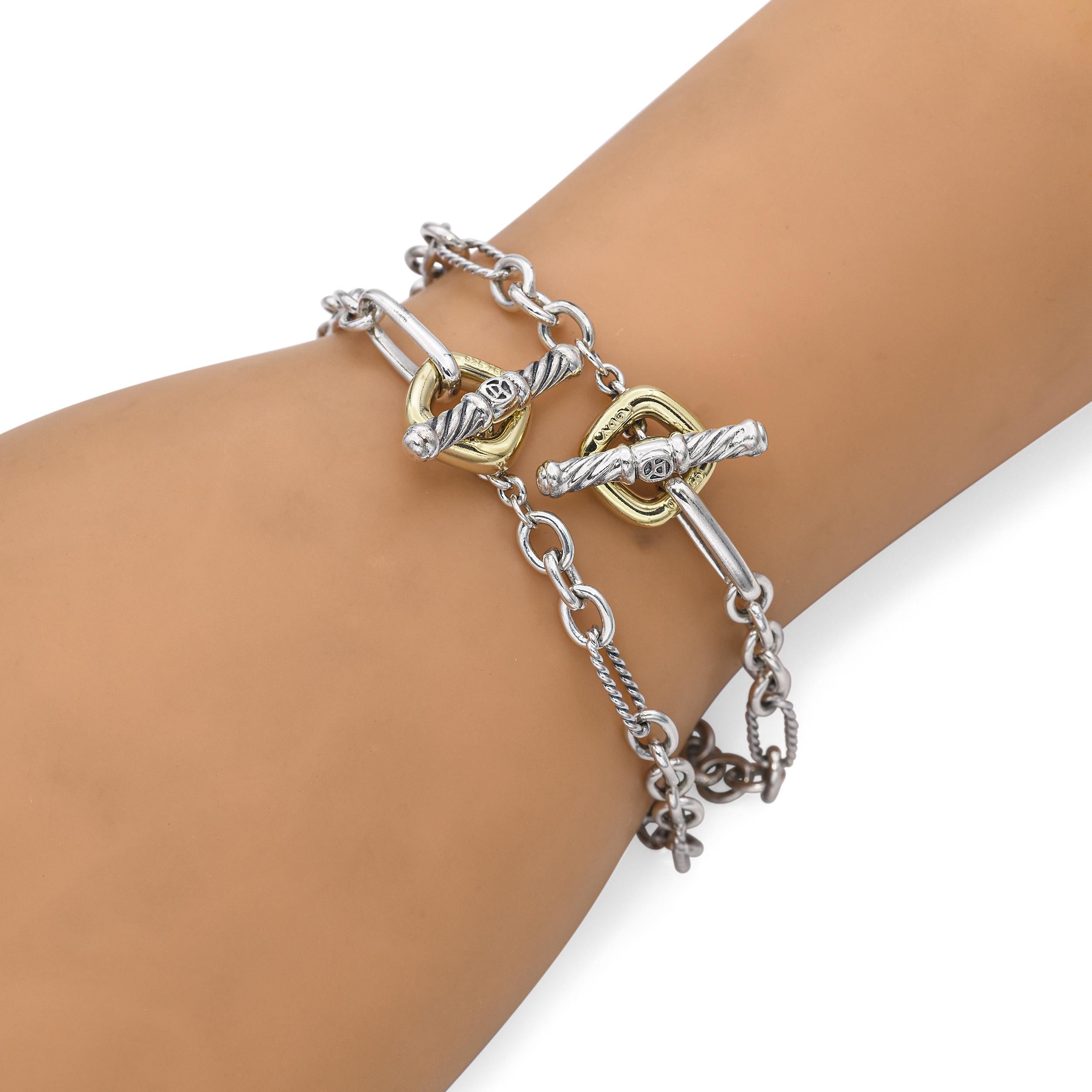 Lot of 2 David Yurman Sterling and 18k Yellow Gold Cable Figaro Link Bracelets