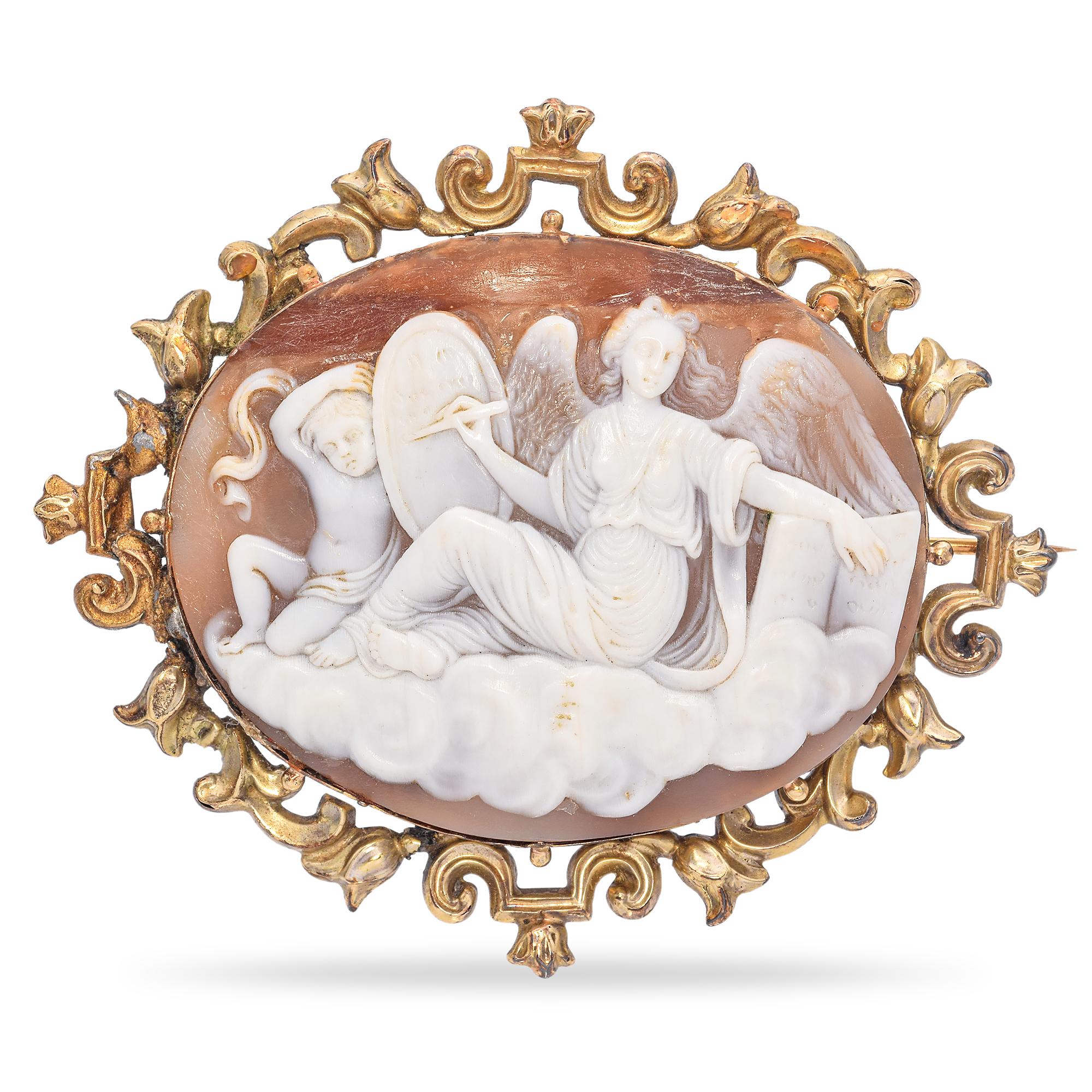 Antique Yellow Gold Winged Nike Judging Souls with Eros Cameo Brooch