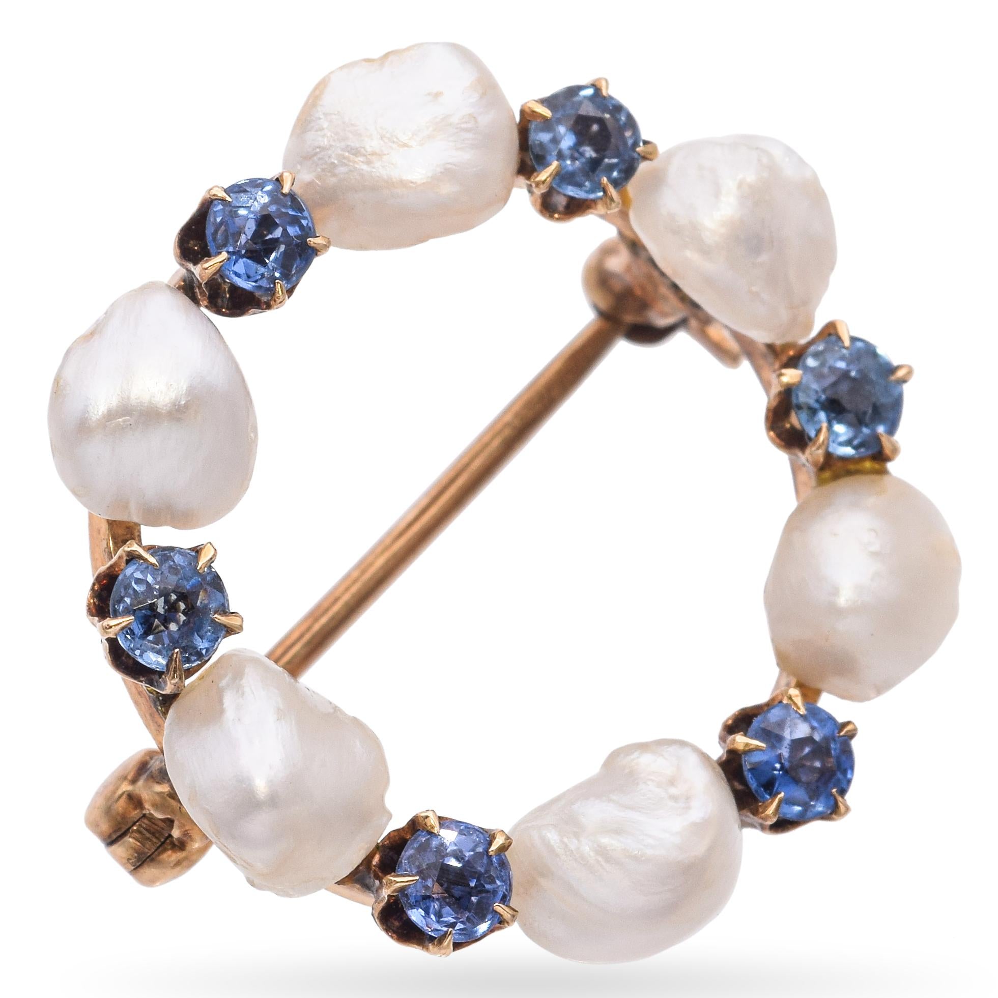 Antique Edwardian 14K Yellow Gold Pearl and Sapphire Circle Brooch