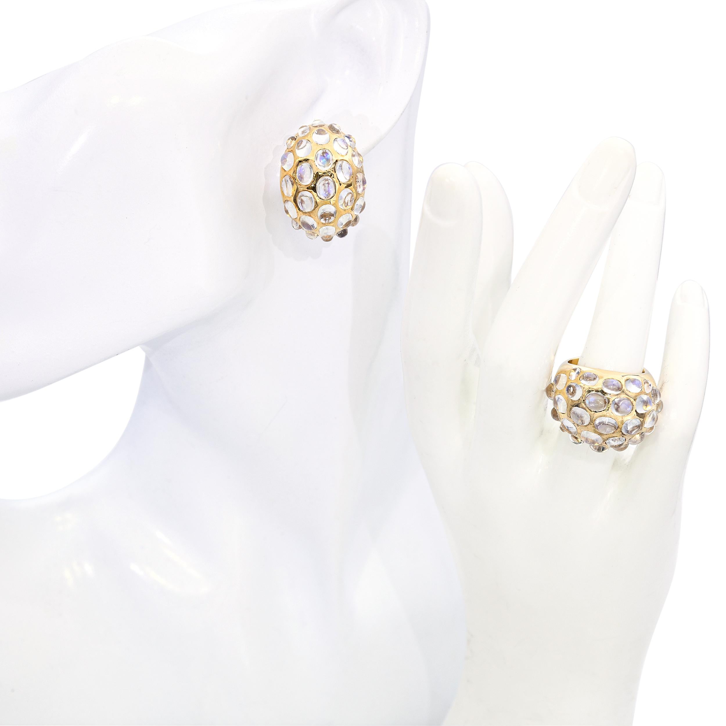 Vintage Yves 18k Yellow Gold Moonstone Cabochon Dome Ring and Earrings Set