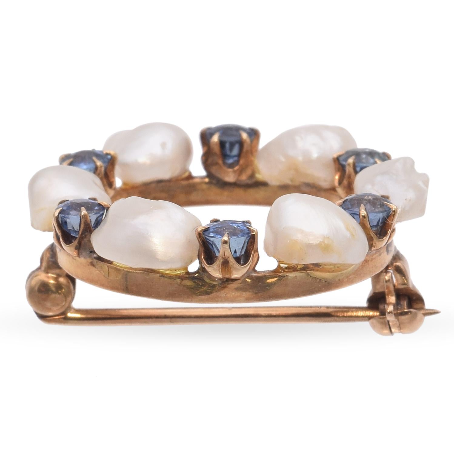 Antique Edwardian 14K Yellow Gold Pearl and Sapphire Circle Brooch