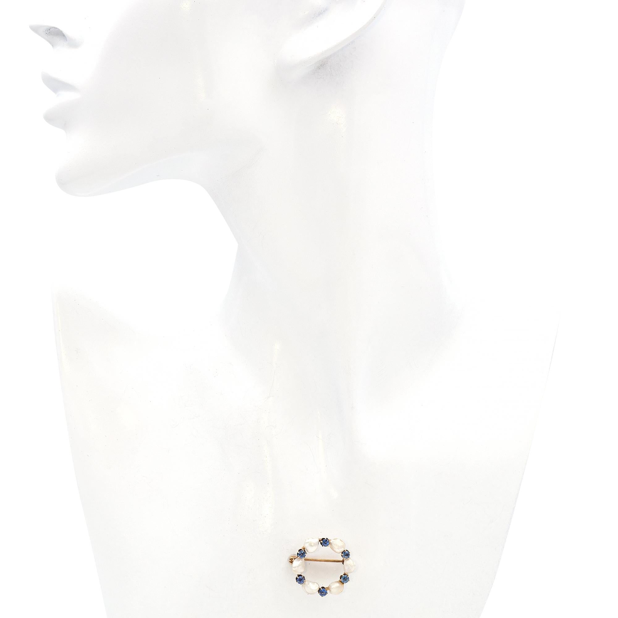 Antique Edwardian 14K Yellow Gold Pearl and Sapphire Circle Brooch