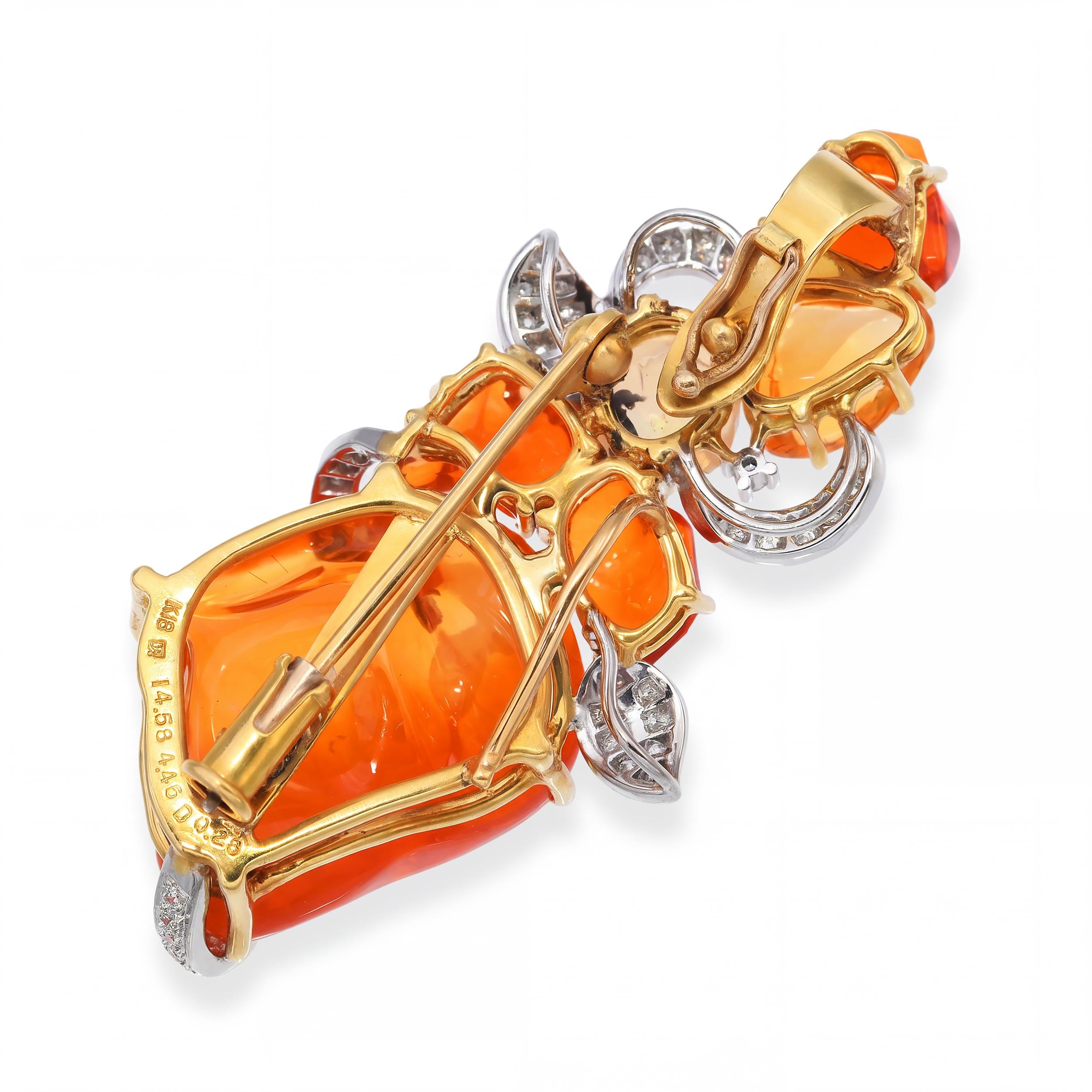 18k Two Tone Gold 19.02tcw Fire Opal and Diamond Pendant Brooch