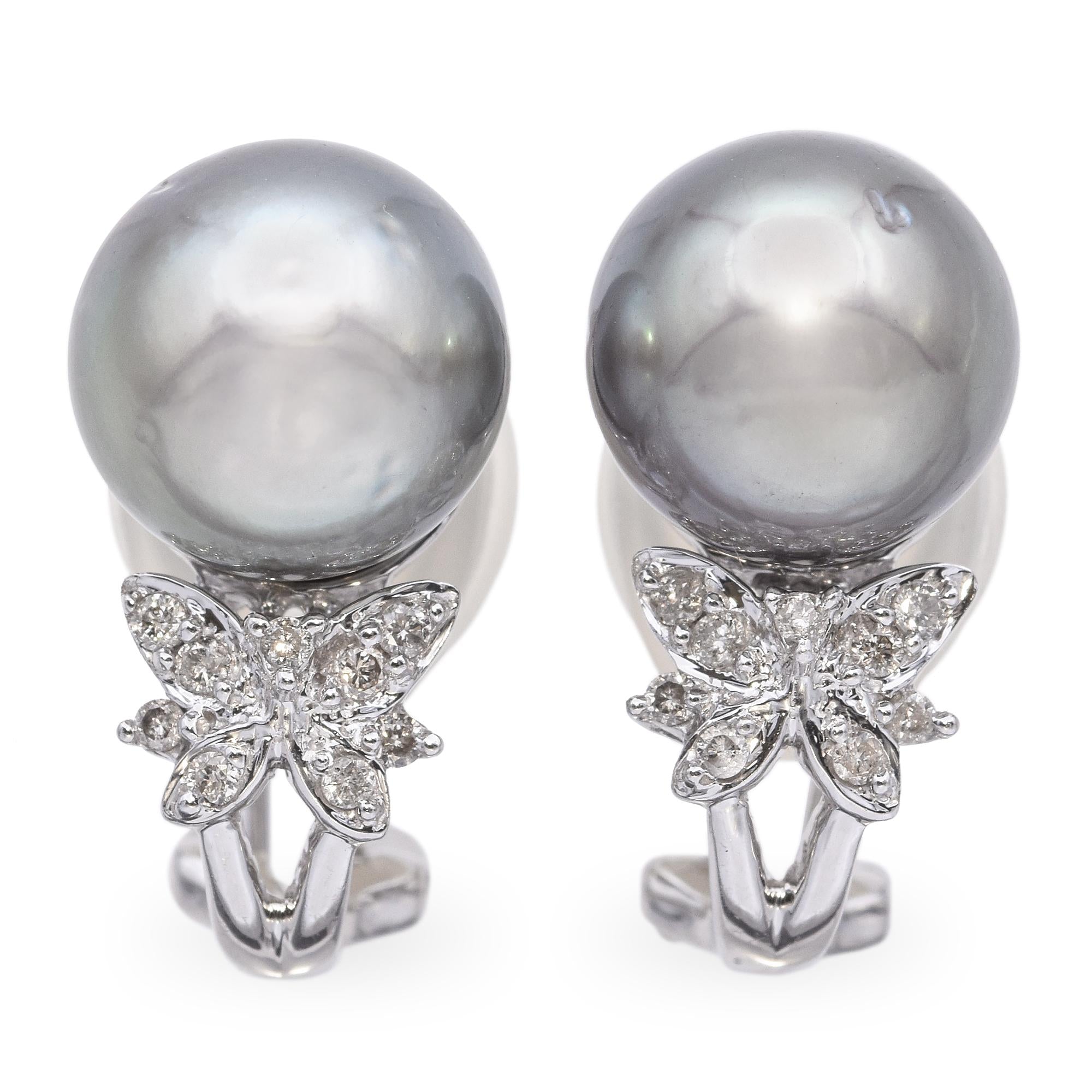 Vintage 14k White Gold South Sea Pearl and Diamond Butterfly Earrings