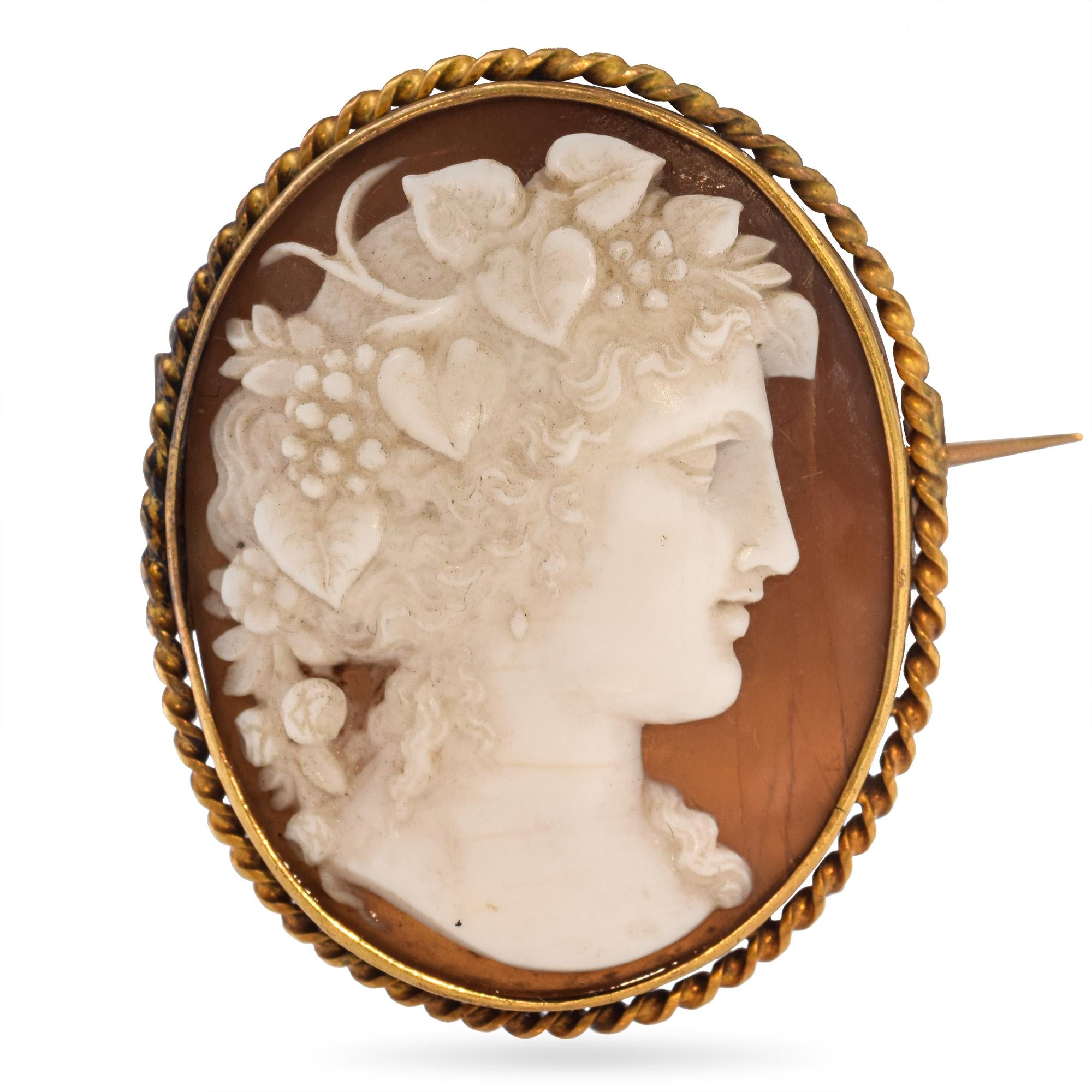 Antique Gilt Shell Cameo "Baccus" Brooch