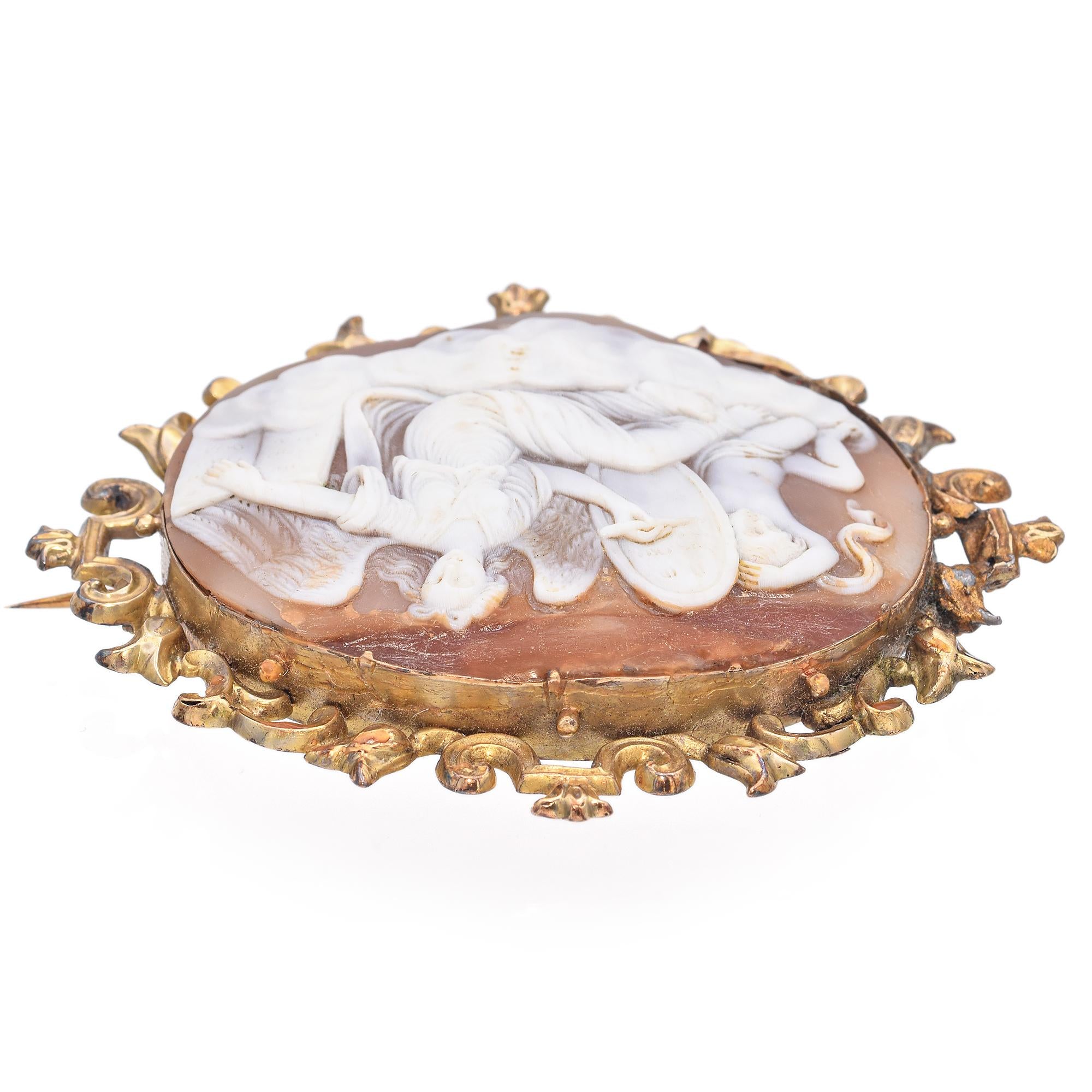 Antique Yellow Gold Winged Nike Judging Souls with Eros Cameo Brooch