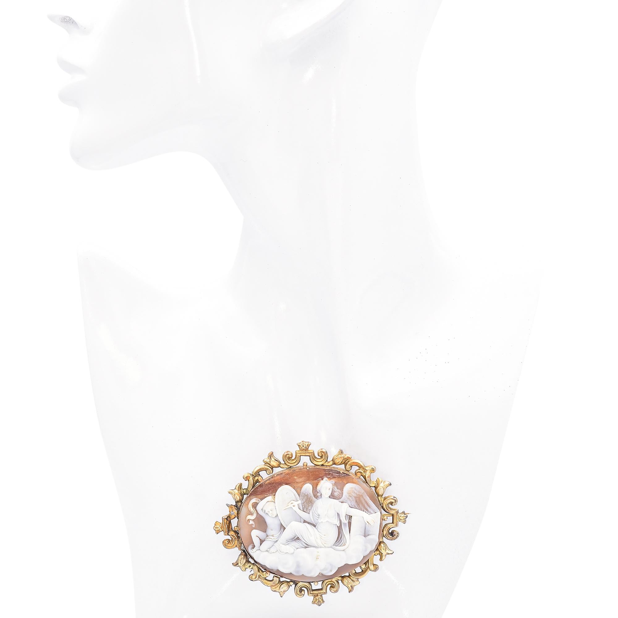 Antique Yellow Gold Winged Nike Judging Souls with Eros Cameo Brooch