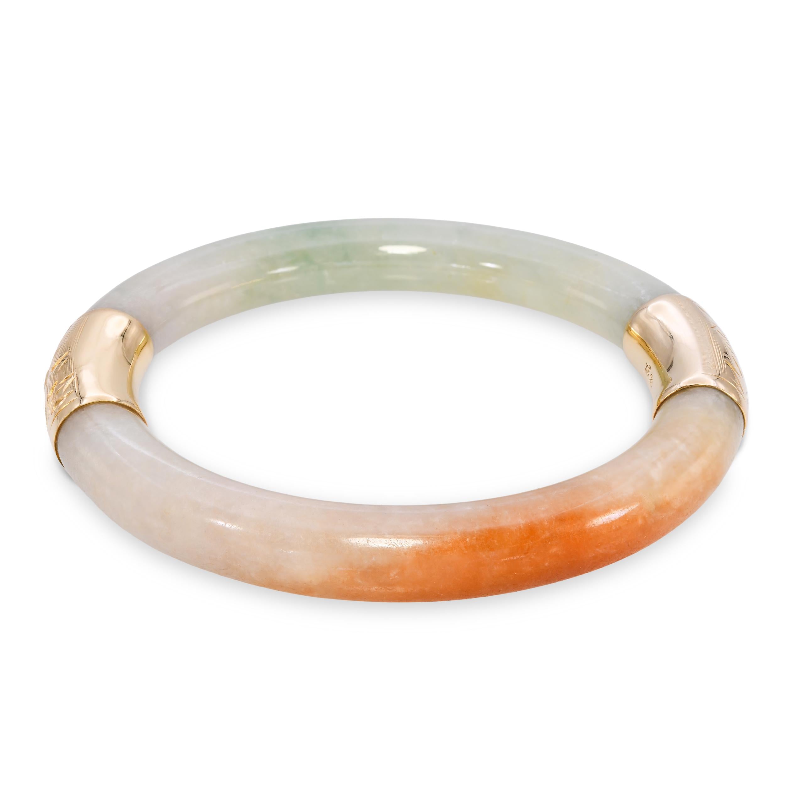Vintage 14k Yellow Gold GIA Grade A Green & Orange Jadeite Jade Bangle
