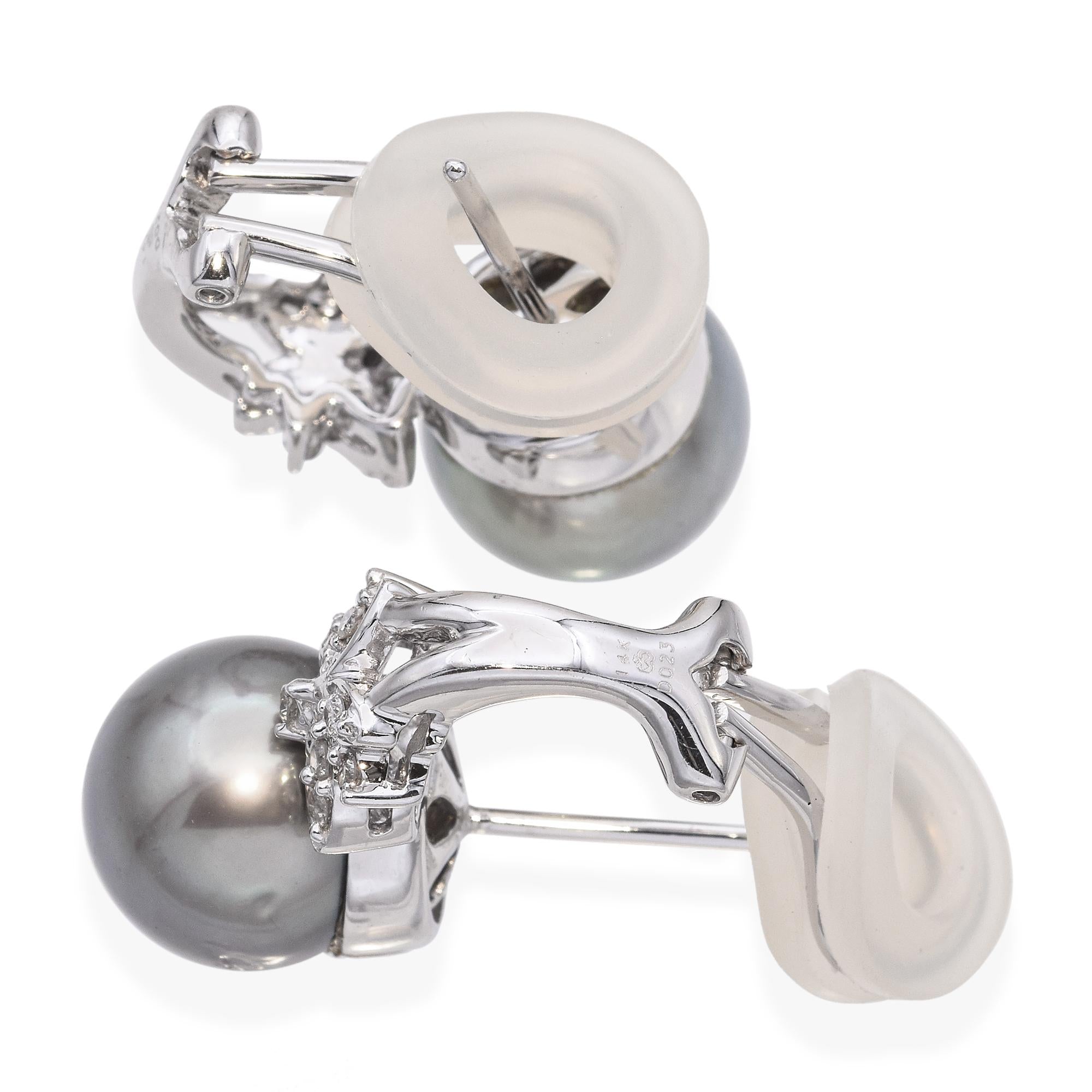 Vintage 14k White Gold South Sea Pearl and Diamond Butterfly Earrings