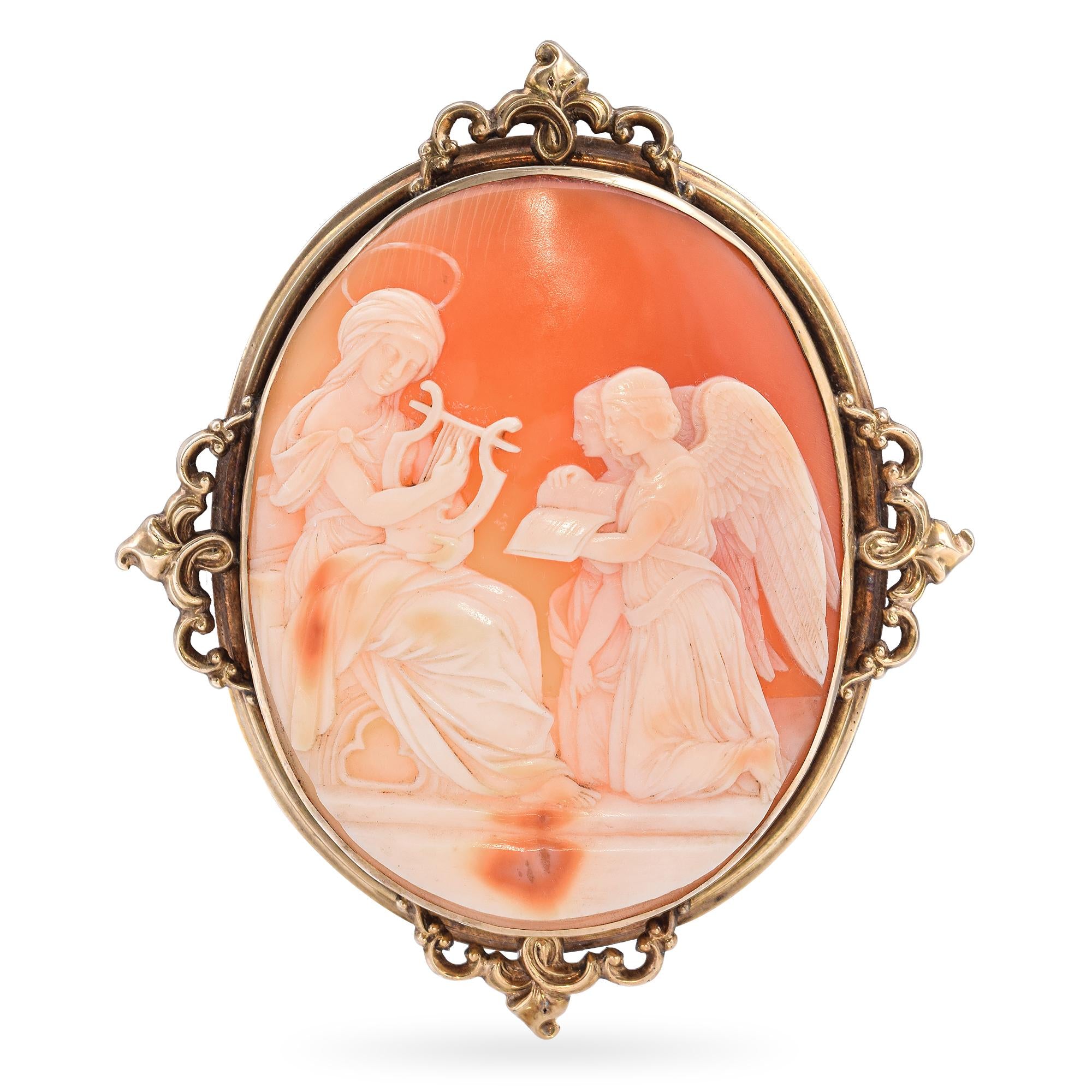 Antique 10k Saint Playing Music Cameo Brooch