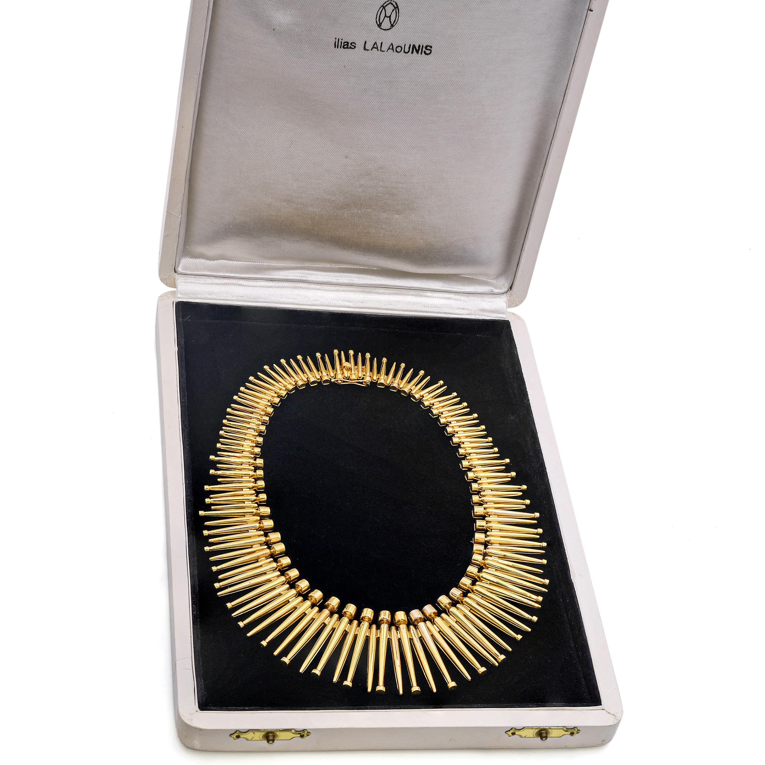 Vintage Ilias Lalaounis 18k Yellow Gold Graduated Spike Necklace