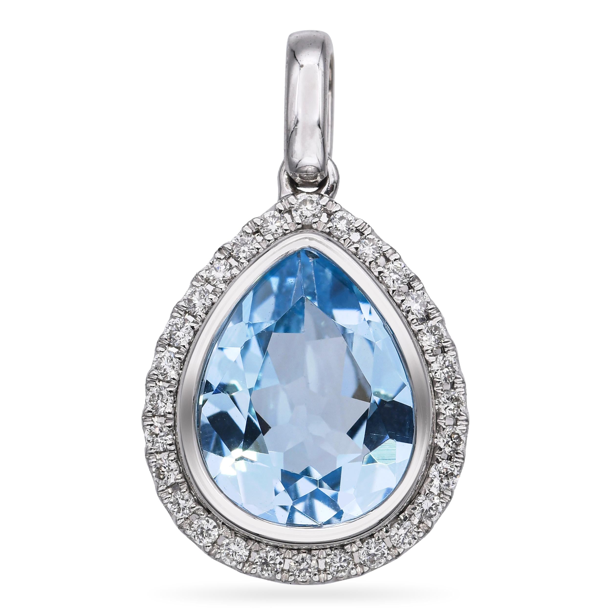 14k White Gold Topaz and Diamond Halo Drop Pendant