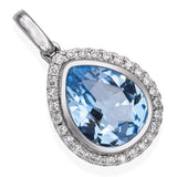 14k White Gold Topaz and Diamond Halo Drop Pendant