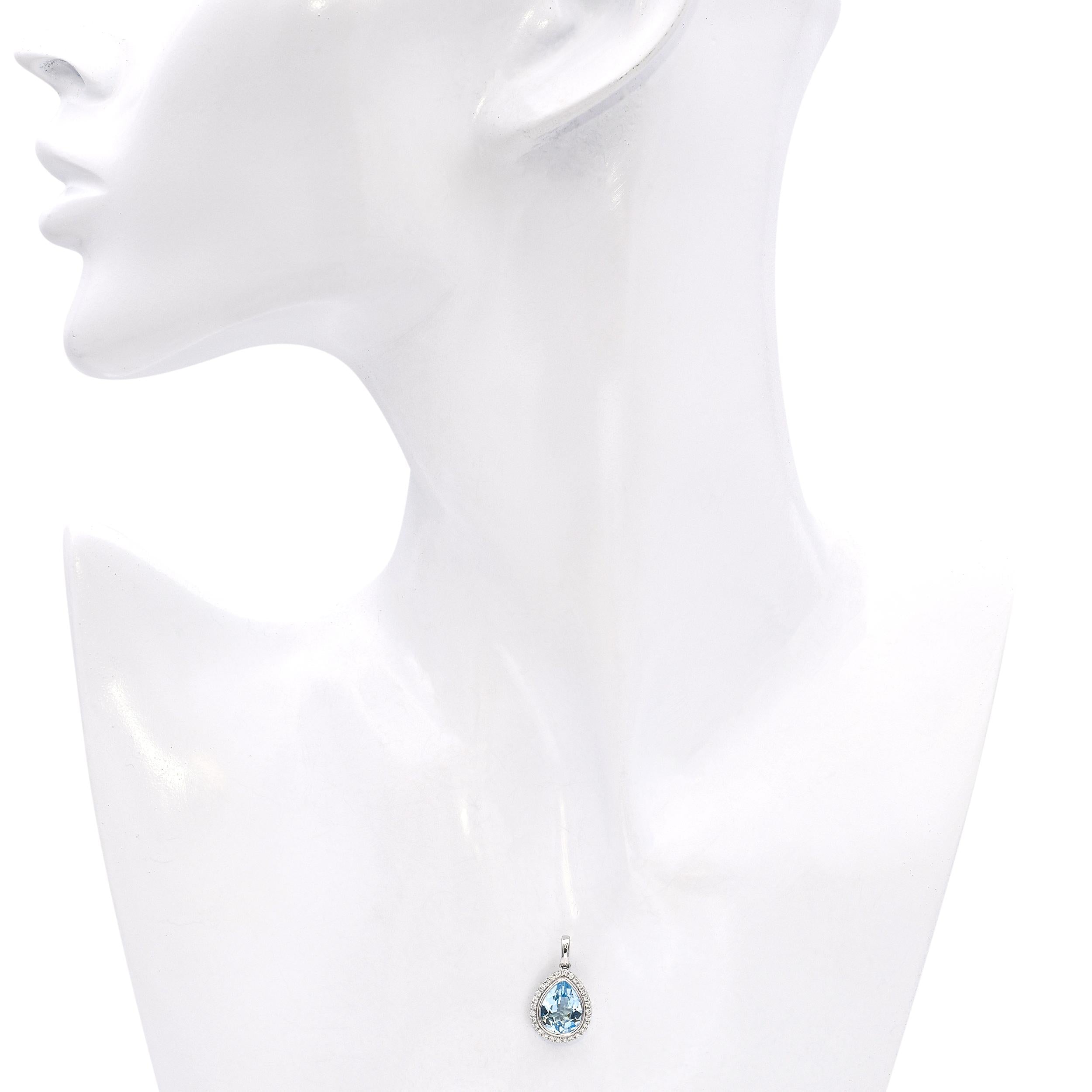 14k White Gold Topaz and Diamond Halo Drop Pendant