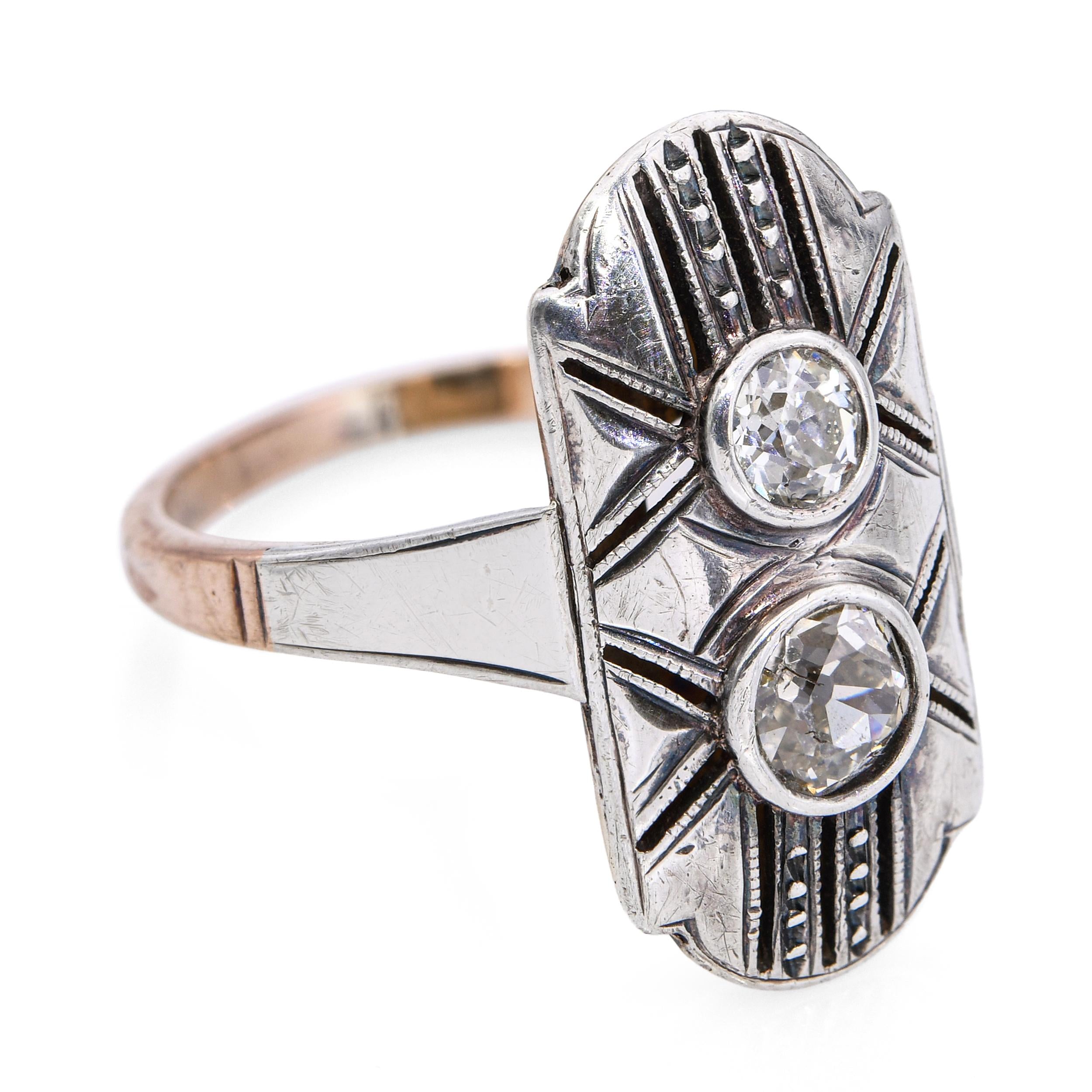 Antique Yellow Gold and Silver Top Old Mine Cut Diamond Dinner Ring
