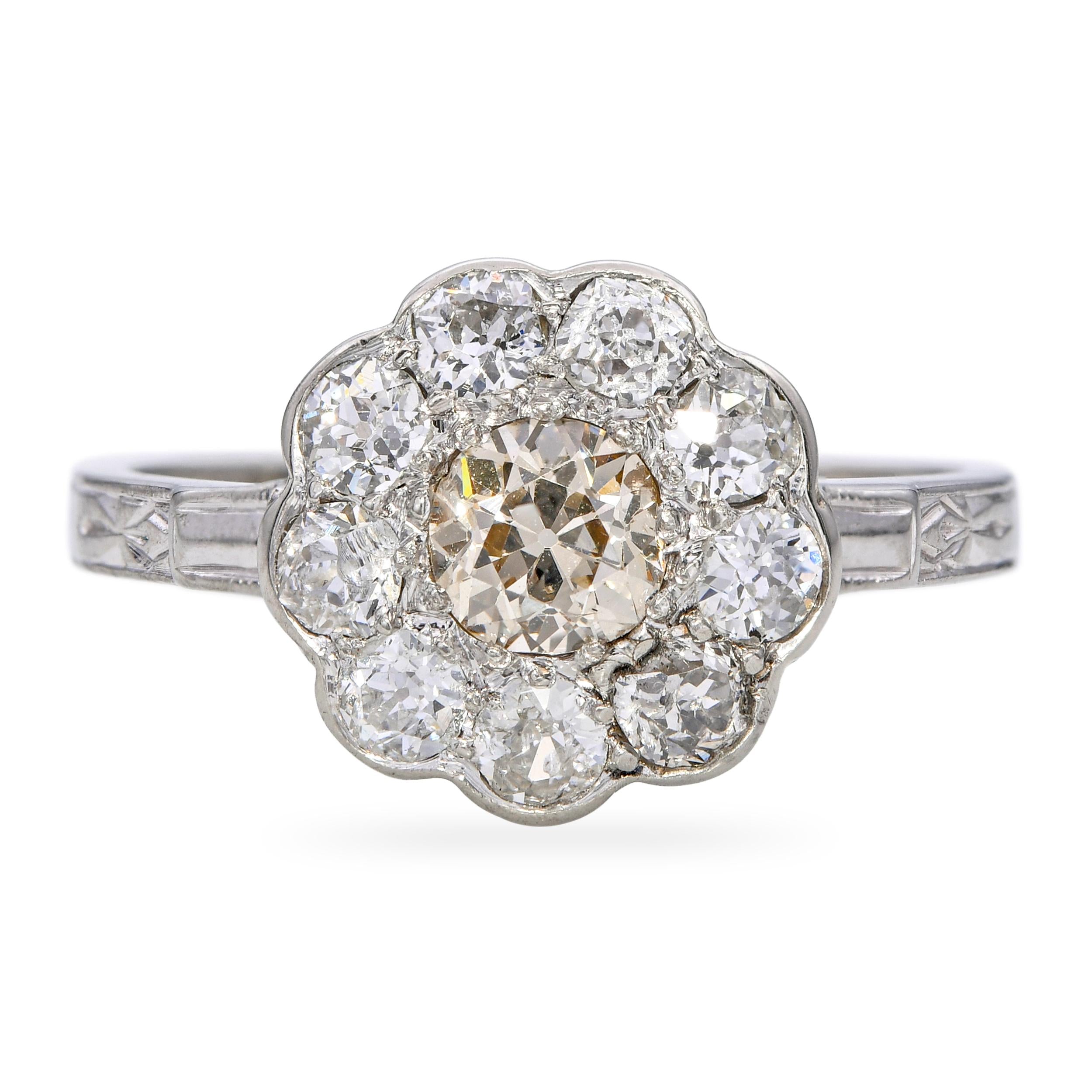 Antique 14k White Gold Old European Cut Chocolate & White Diamond Halo Ring