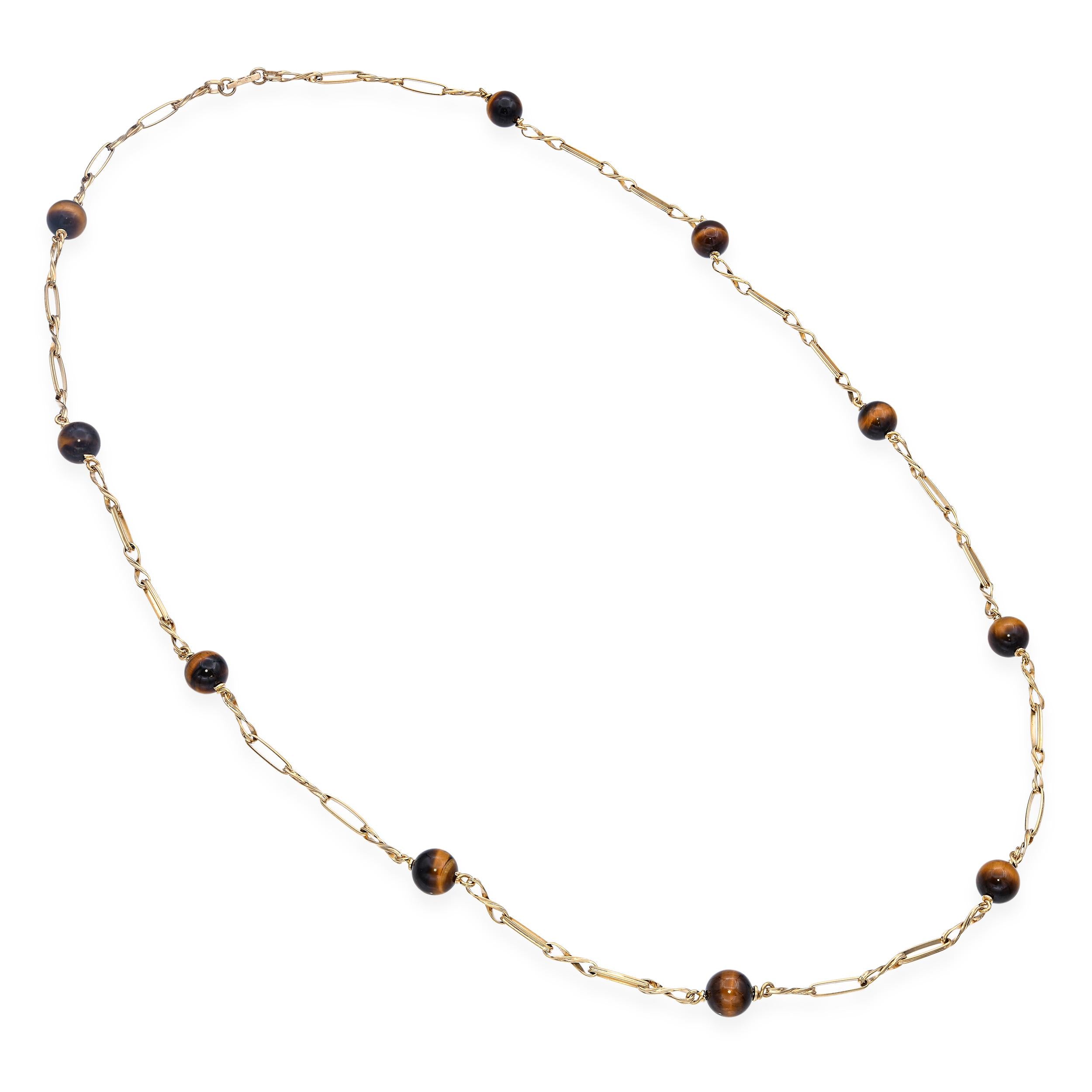 Vintage 14k Yellow Gold Tiger's Eye Station Necklace