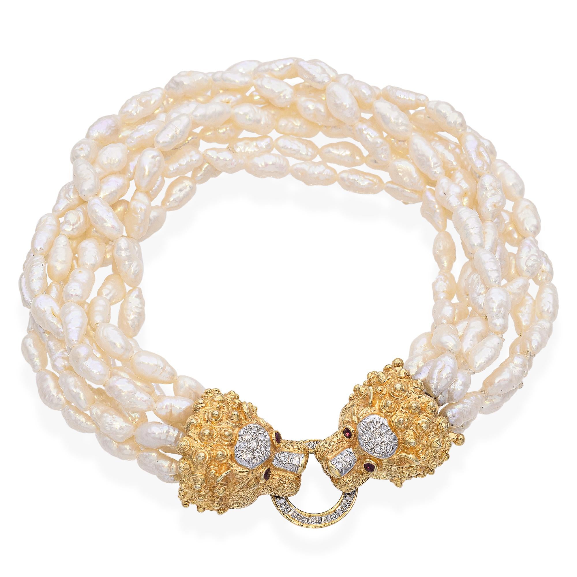 Vintage Cardow Pearl Bracelet with 14K Yellow Gold Diamond  Lion's Head Clasp