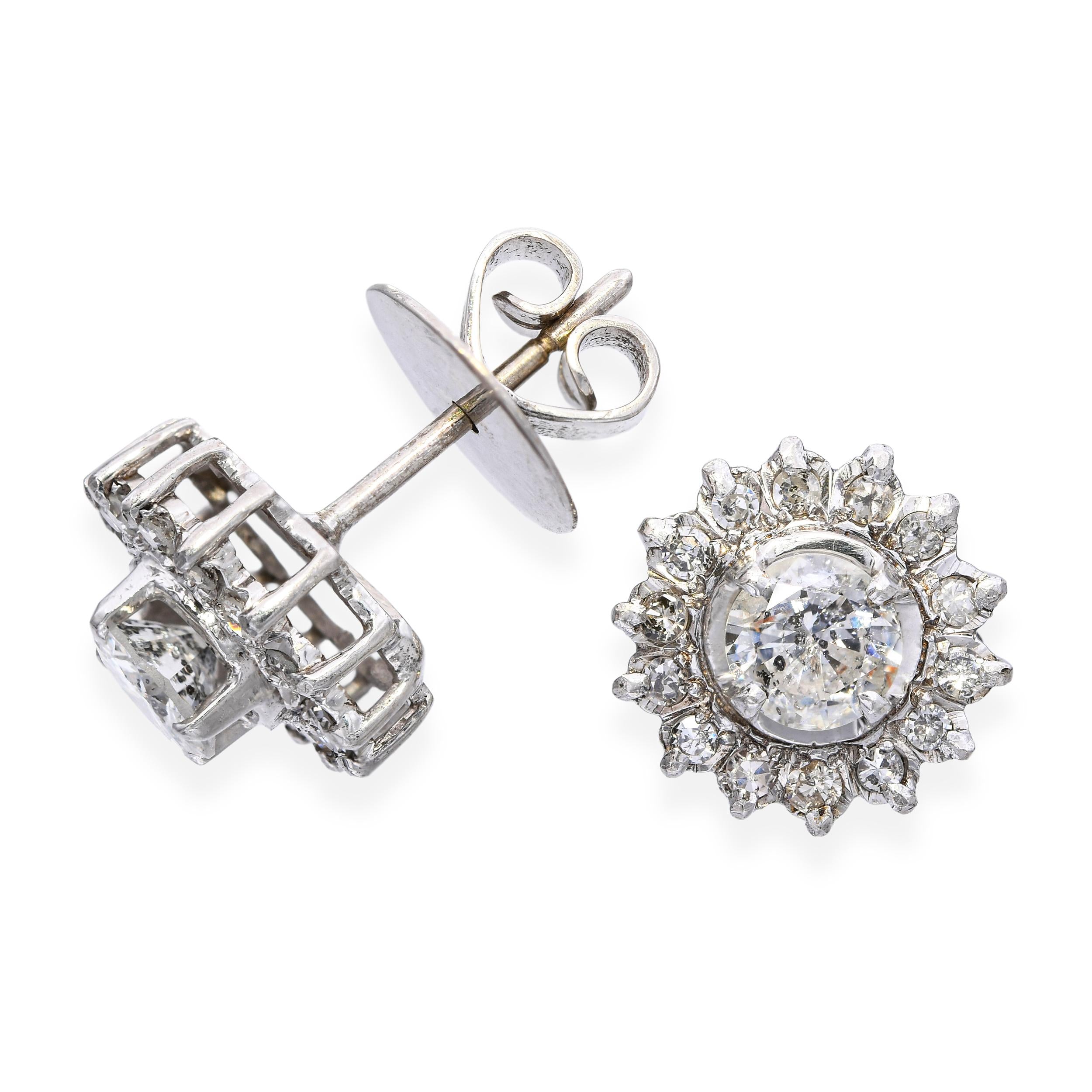 Vintage 8k White Gold 2.0tcw J I1 Diamond Halo Stud Earrings