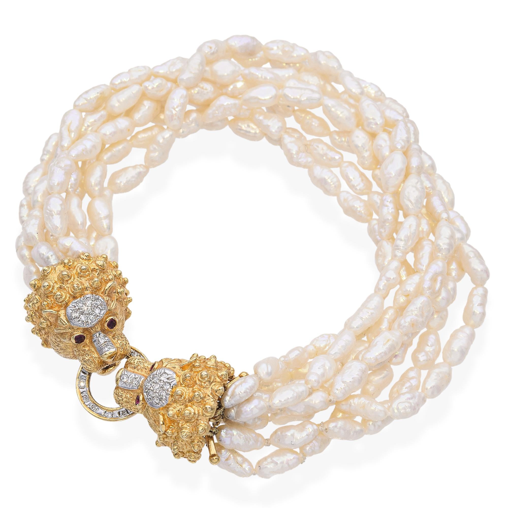 Vintage Cardow Pearl Bracelet with 14K Yellow Gold Diamond  Lion's Head Clasp