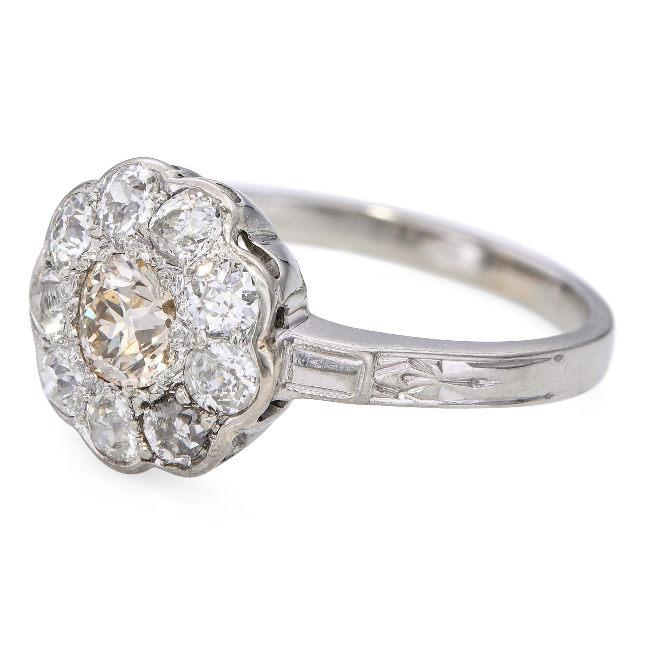 Antique 14k White Gold Old European Cut Chocolate & White Diamond Halo Ring